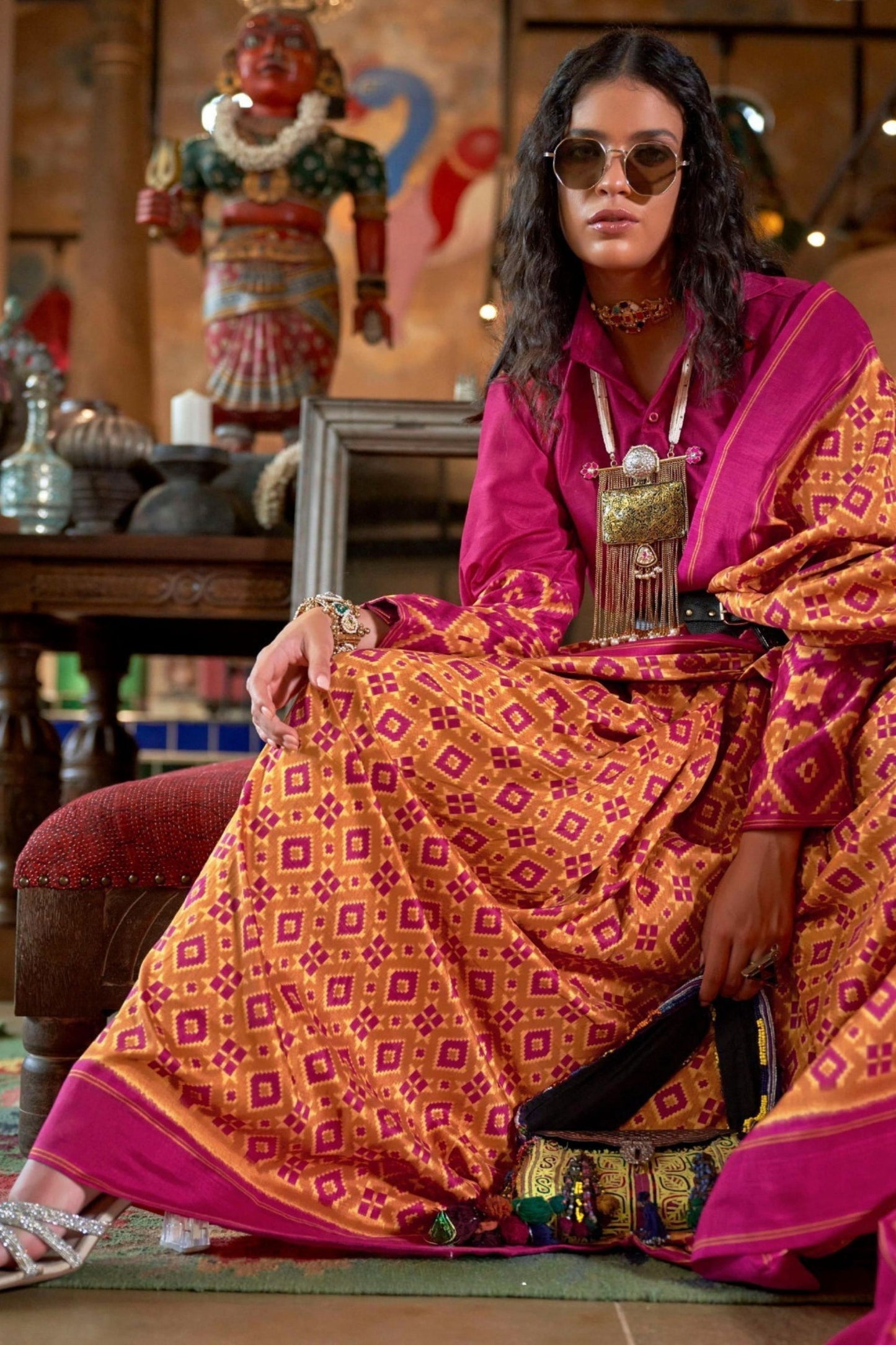 Designer Pink Mustard Patola Silk Saree with Traditional Ikat Weave