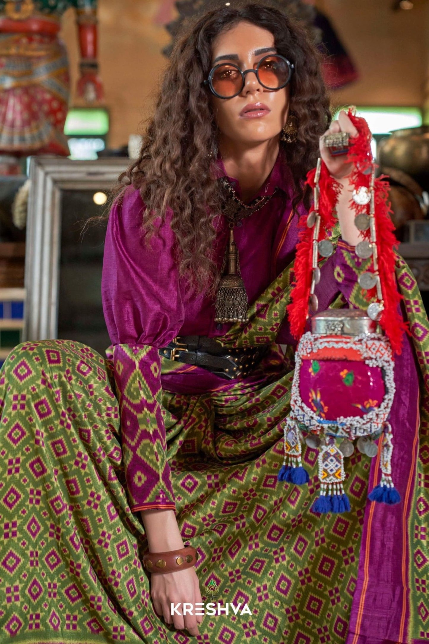 Green Purple Patola Silk Saree with Traditional Ikat Weave