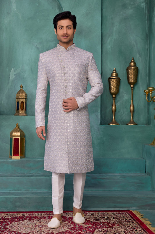 Stylish Grey and Off-White Art Silk Readymade Sherwani for Men with Thread Work
