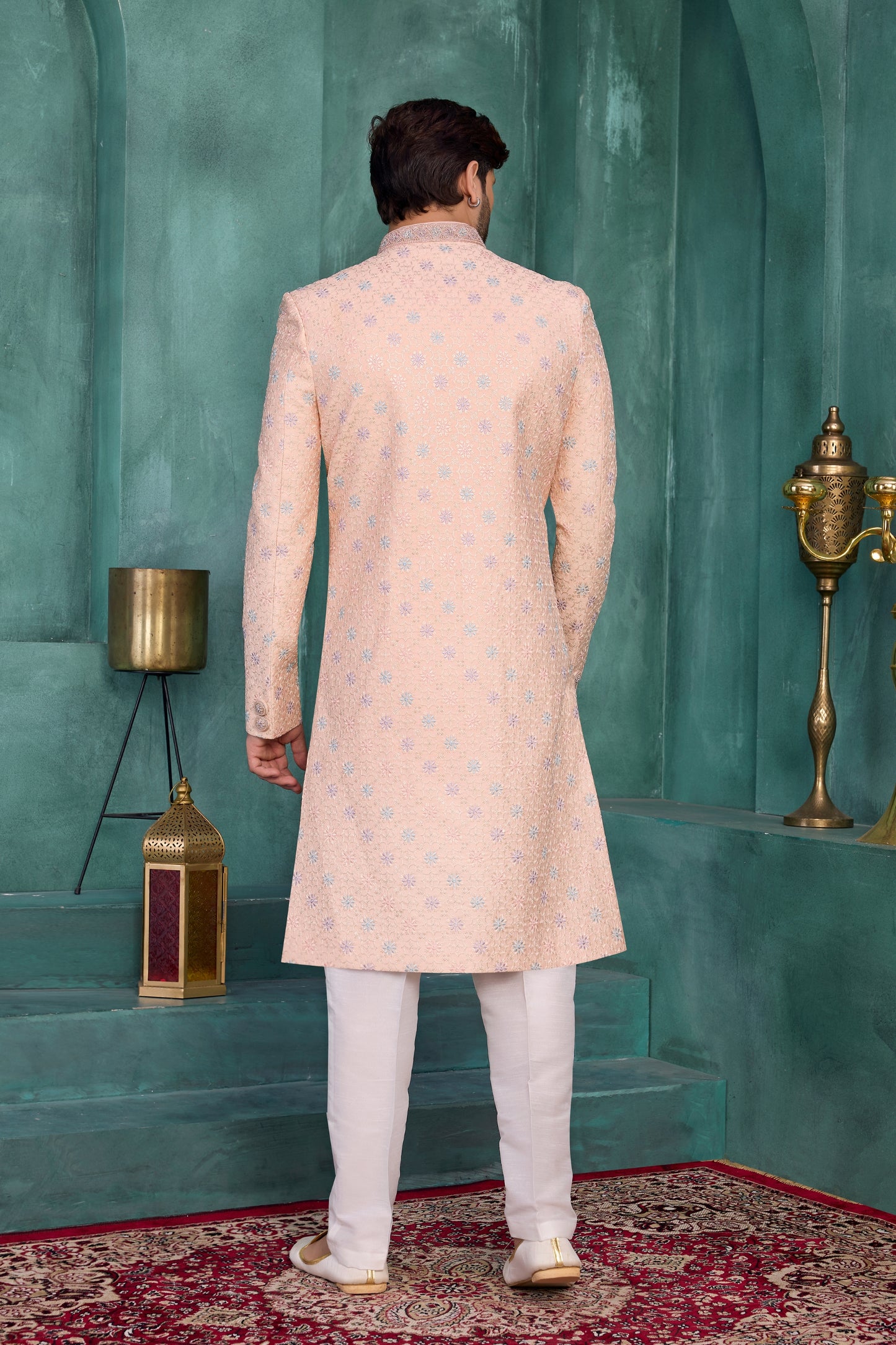 Lovely Peach and Off-White Art Silk Readymade Sherwani for Men with Thread Work
