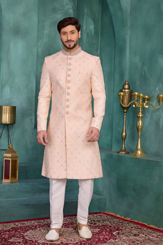 Lovely Peach and Off-White Art Silk Readymade Sherwani for Men with Thread Work
