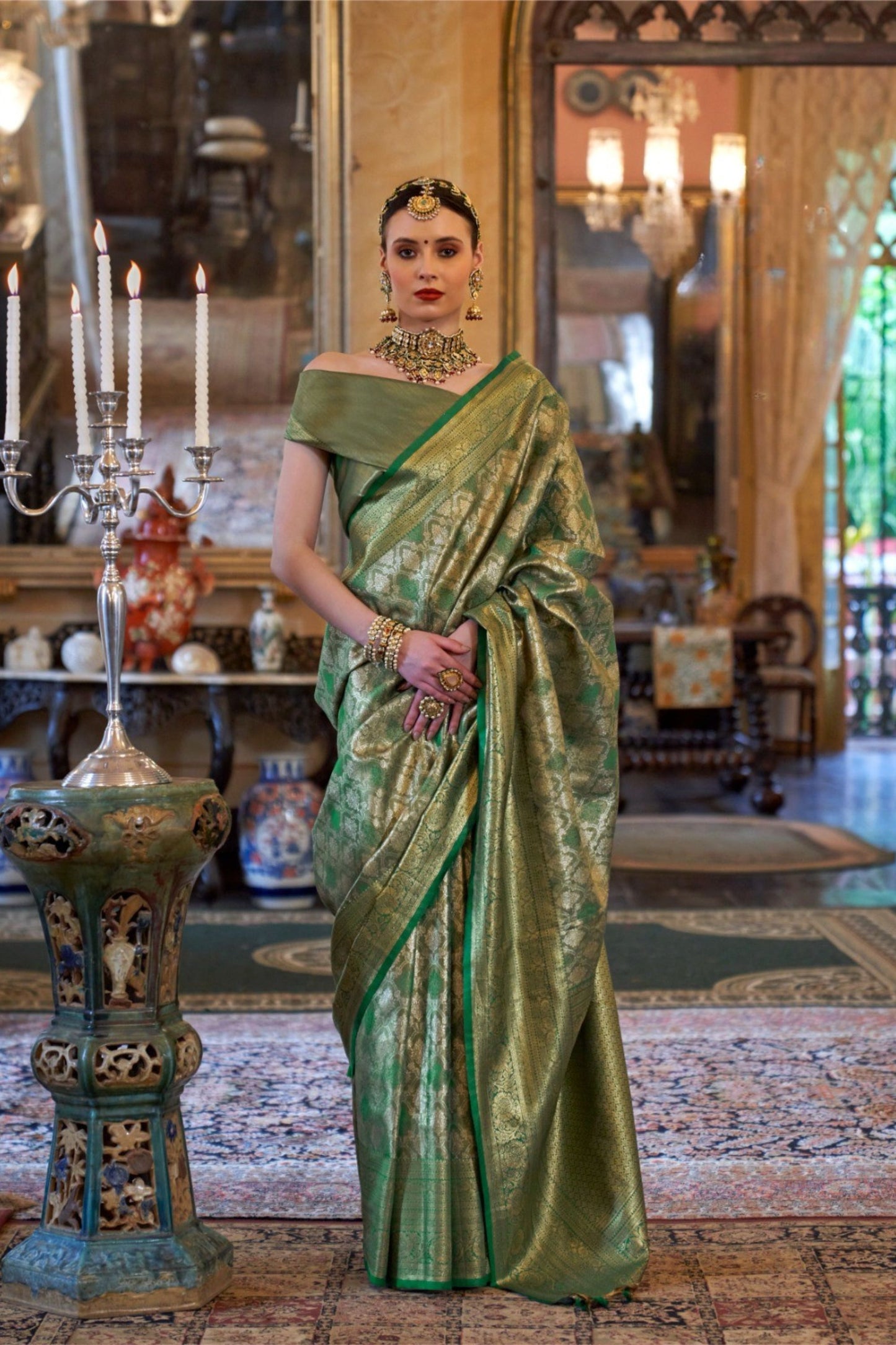 Olive Green Banarasi Traditional Silk Saree