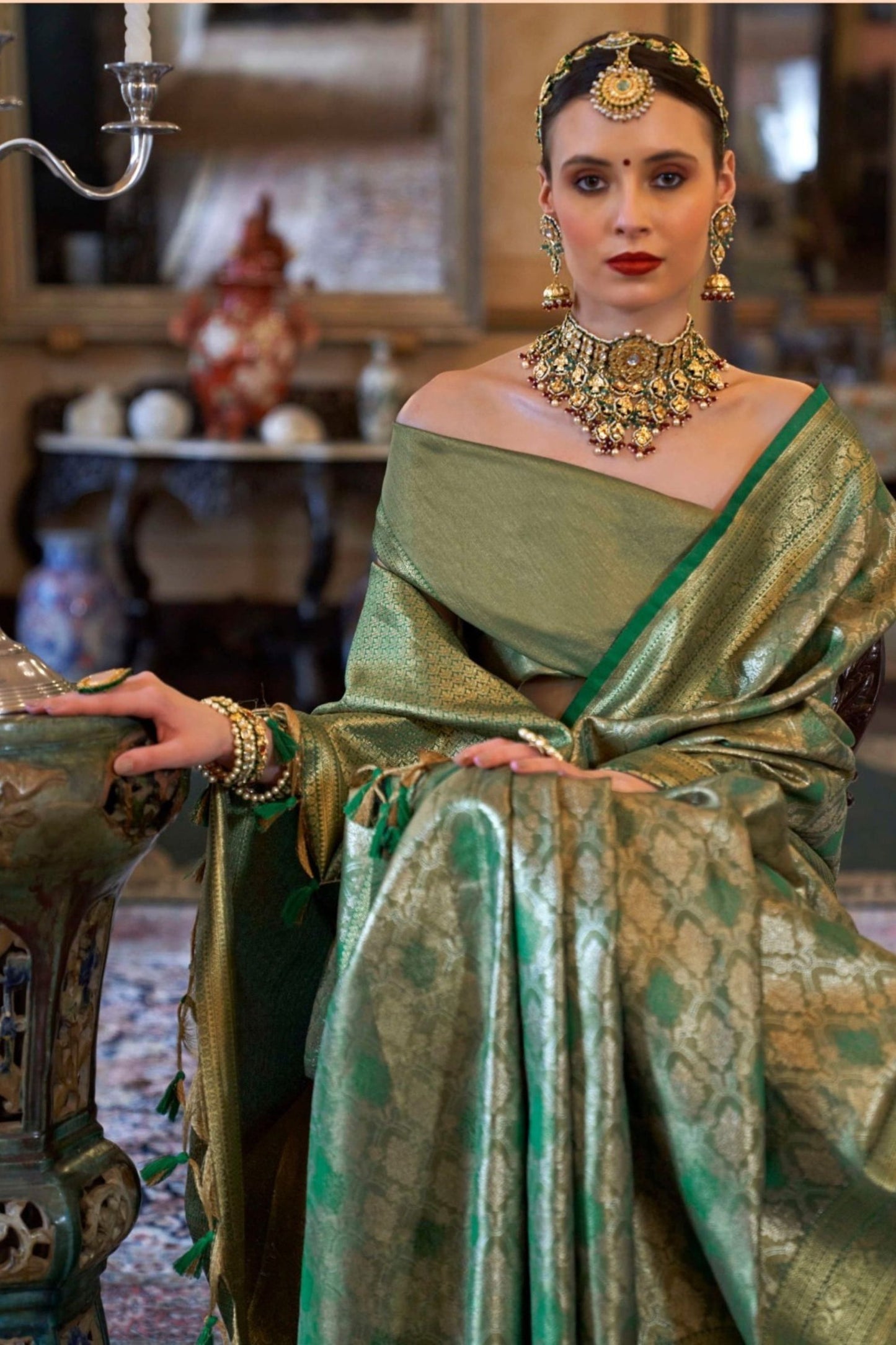 Olive Green Banarasi Traditional Silk Saree