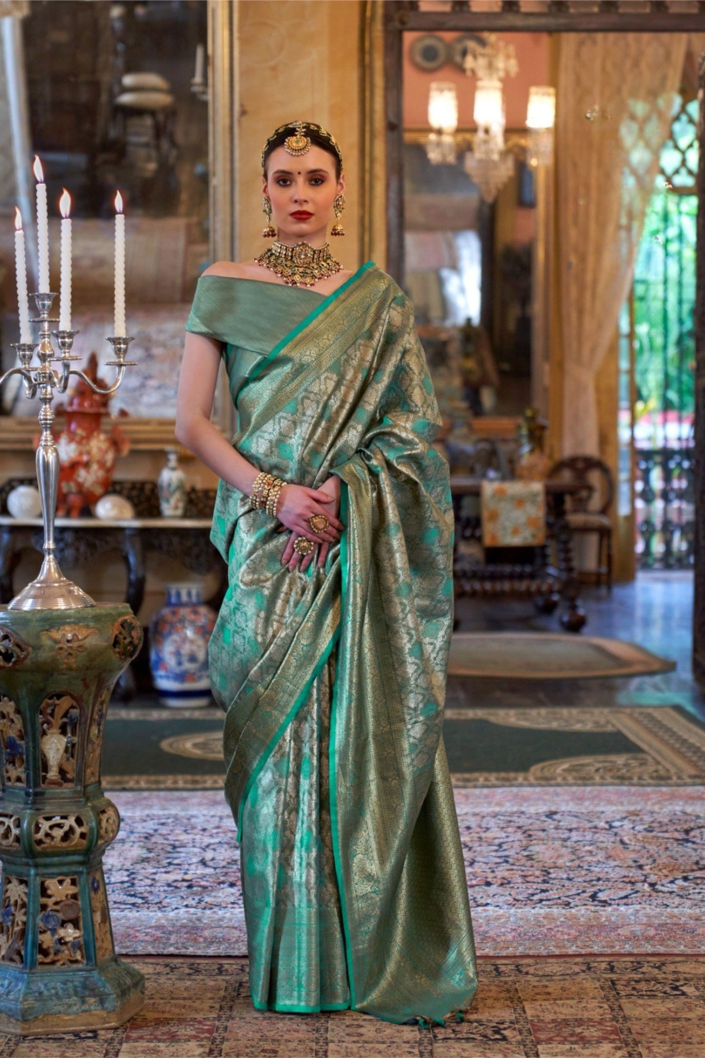 Sea Green Banarasi Silk Saree Golden Zari Weaving and Rich Pallu
