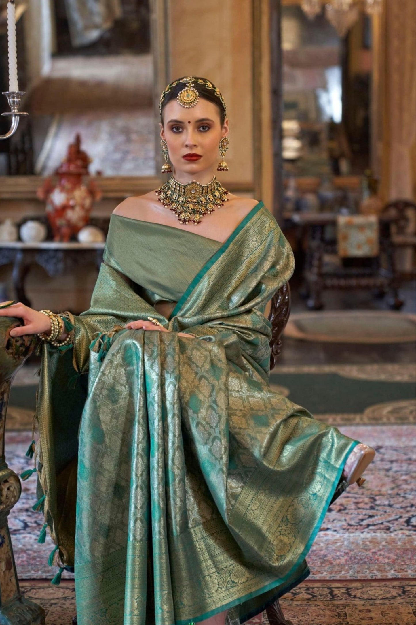 Sea Green Banarasi Silk Saree Golden Zari Weaving and Rich Pallu