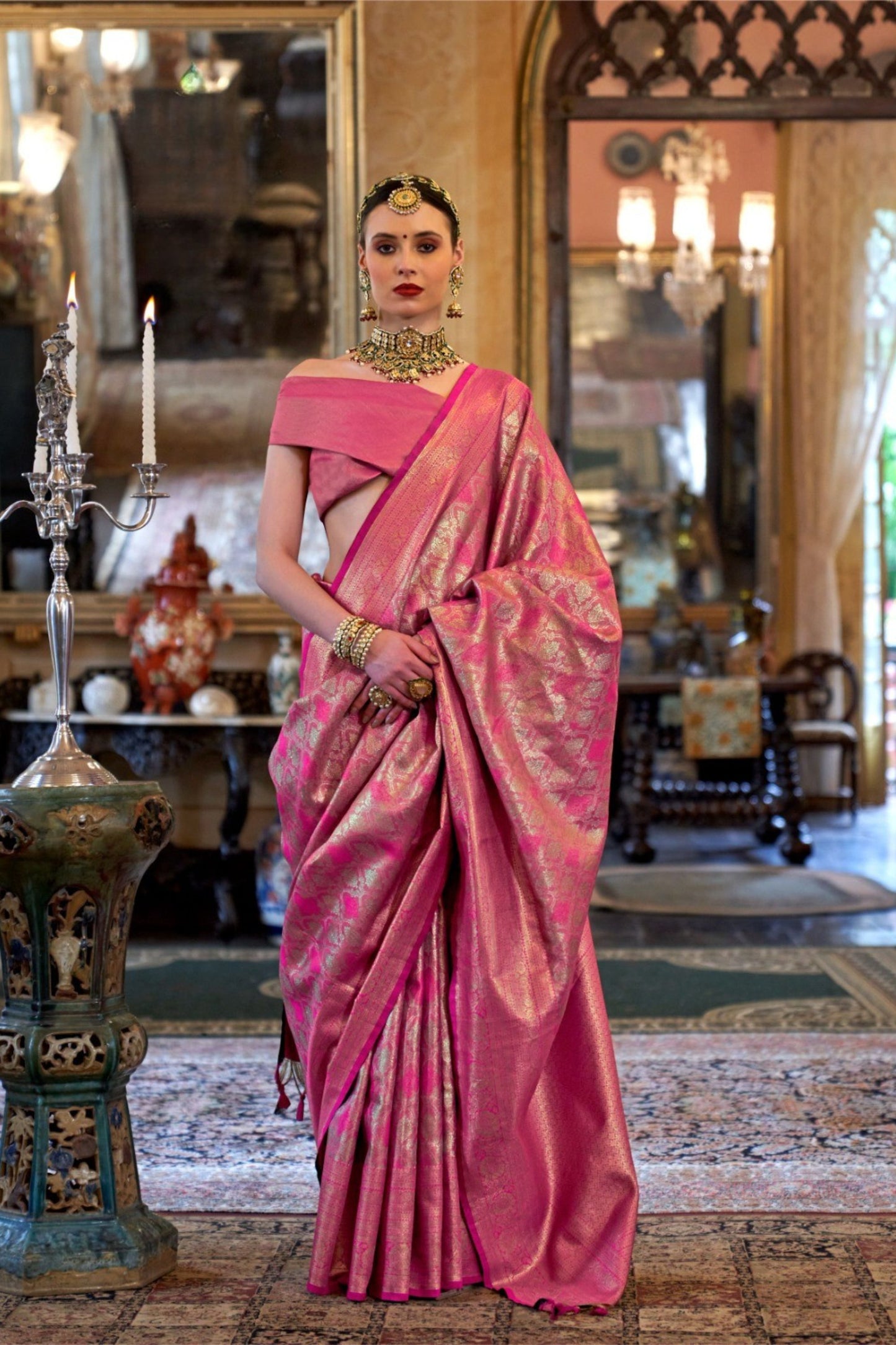 Pink Banarasi Silk Saree with Golden Zari Weaving Contrast Pallu