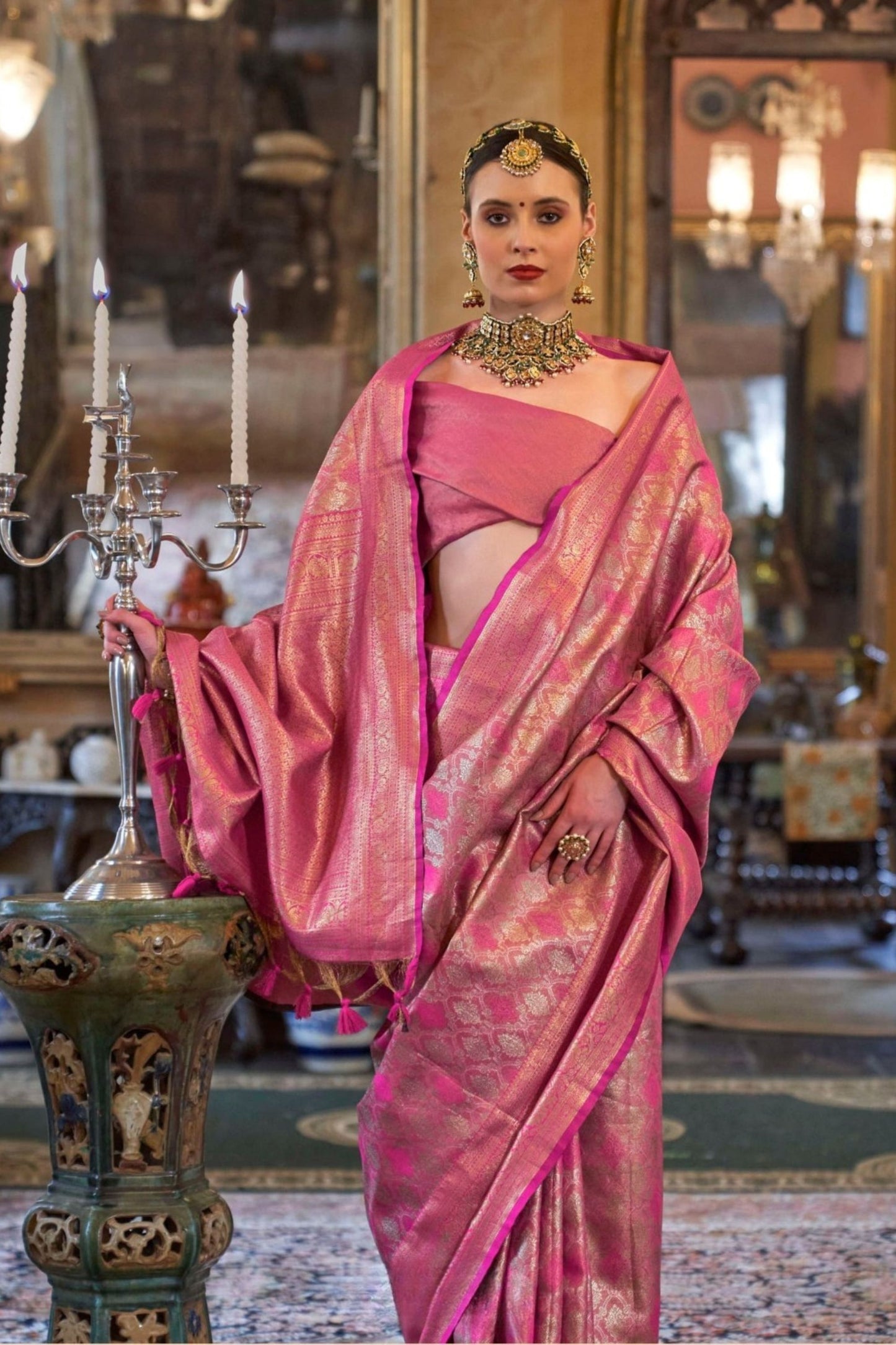 Pink Banarasi Silk Saree with Golden Zari Weaving Contrast Pallu