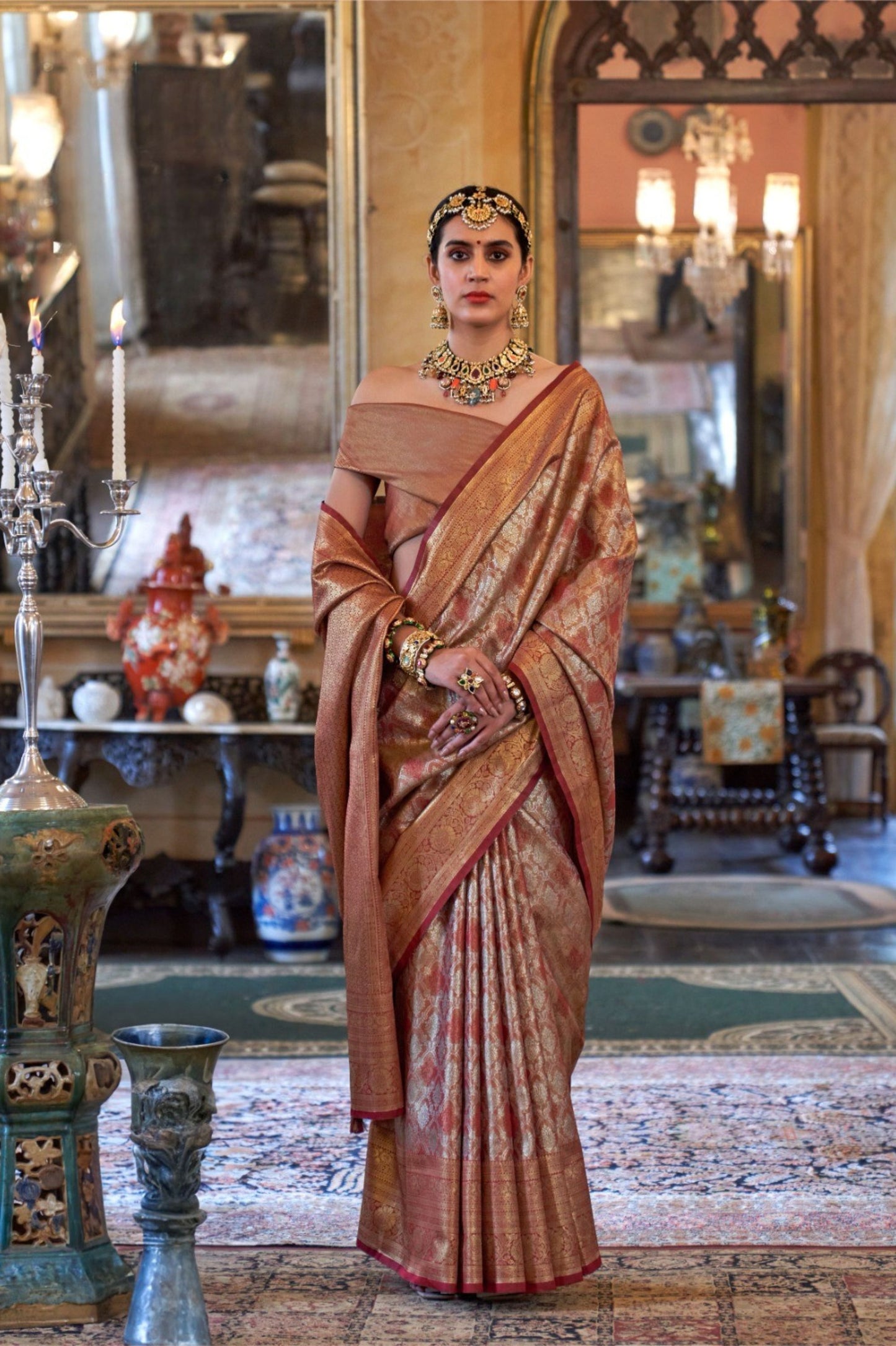 Royal Copper Brown Banarasi Traditional Silk Saree Golden Zari Festive Wear
