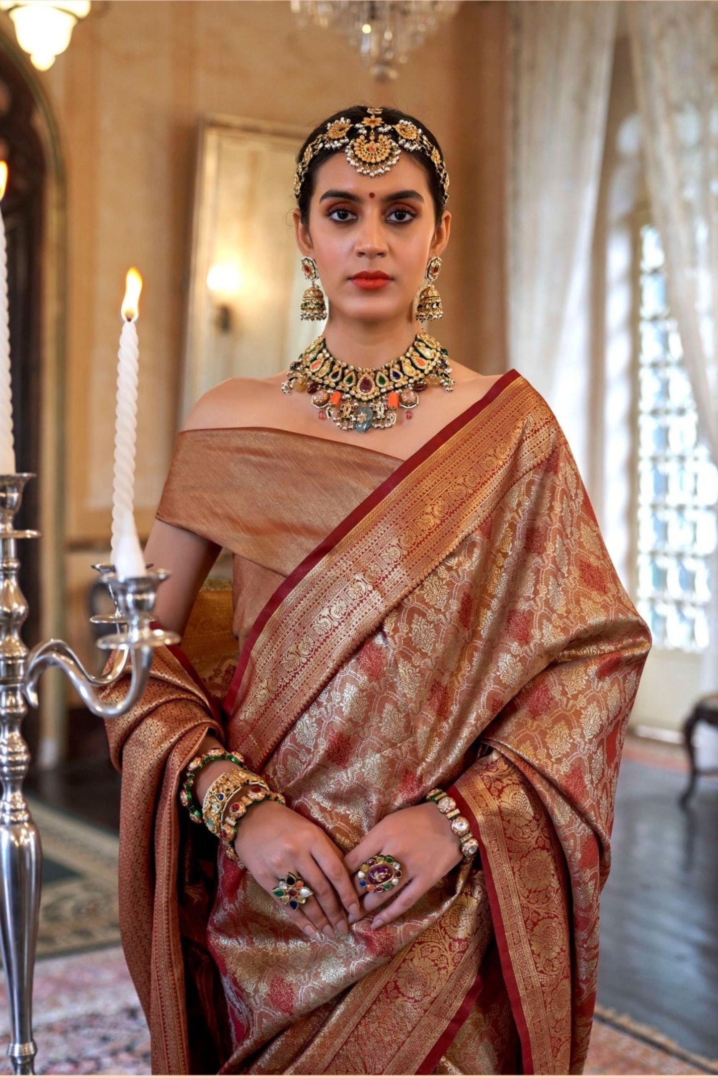 Royal Copper Brown Banarasi Traditional Silk Saree Golden Zari Festive Wear