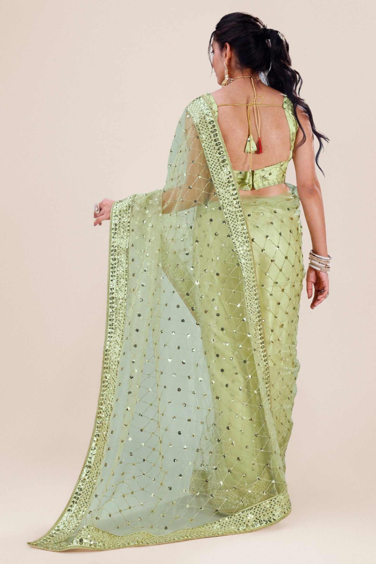 Pistachio Green Net Saree Heavy Sequins Embroidery Designer Blouse