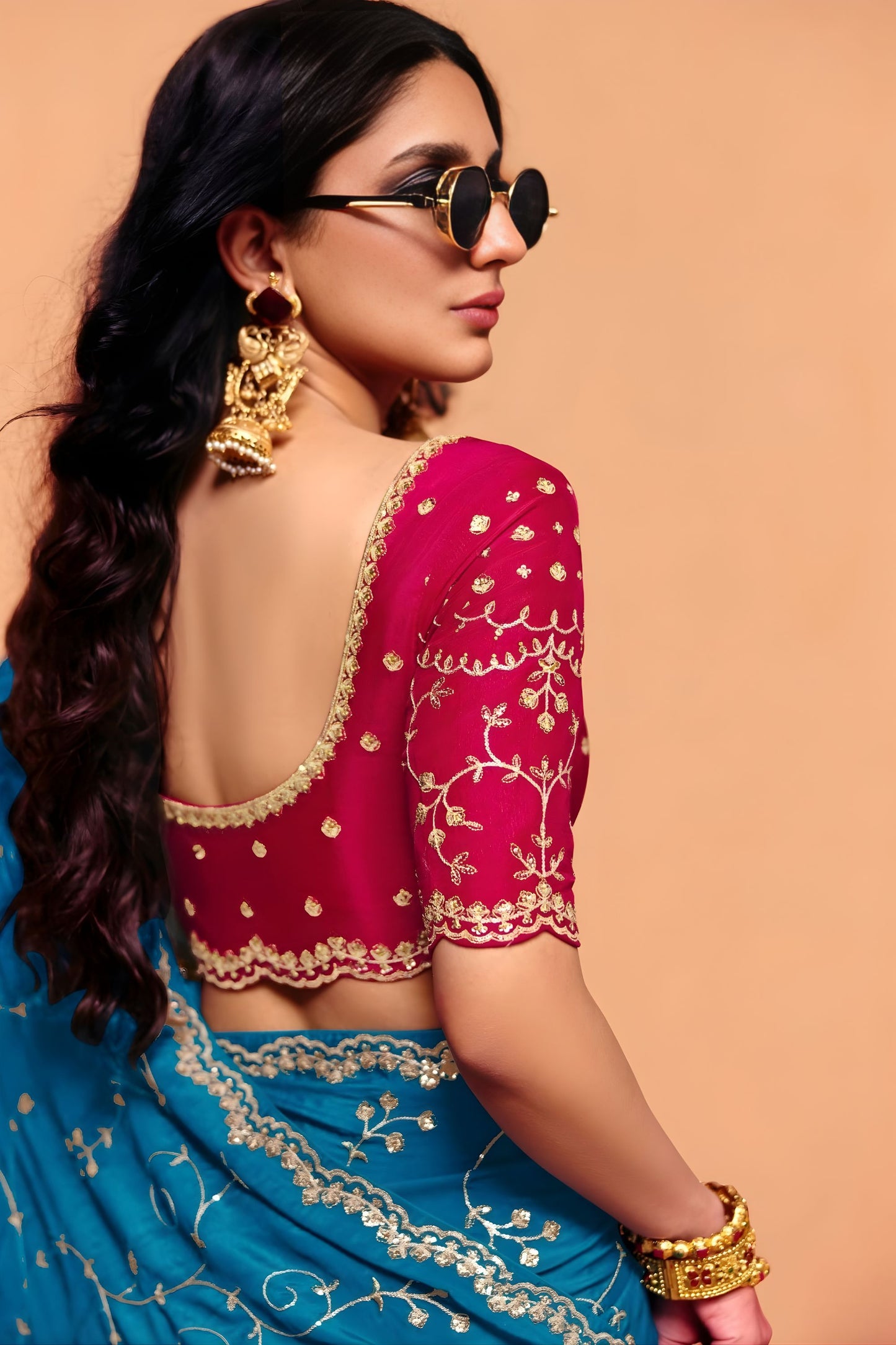 Teal Blue Designer Saree Embroidered Contrast Pink Blouse