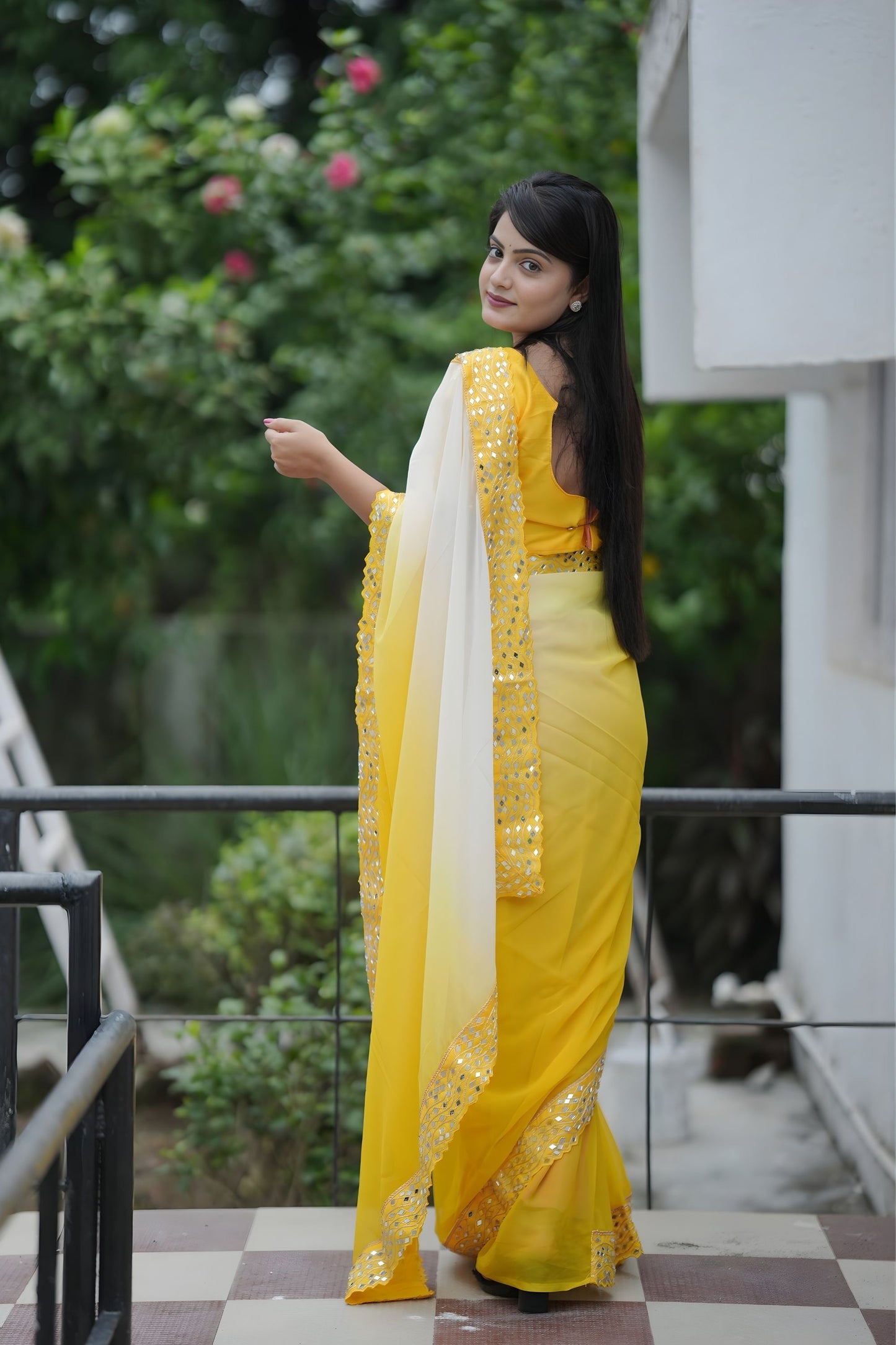 Yellow Cream Georgette Saree Embroidered Border Designer Blouse
