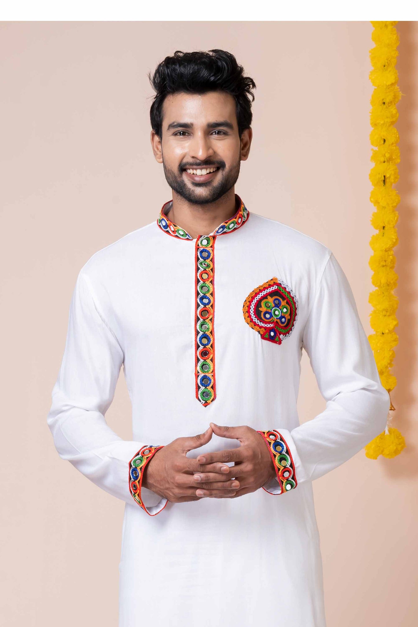 White Rayon Kurta with Multicolor Mirror Embroidery for Navratri Festival