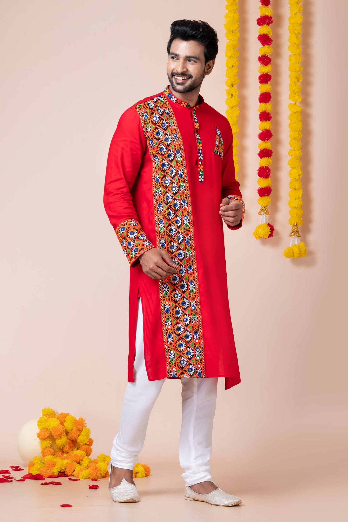 Red Rayon Kurta with Multicolor Mirror Embroidery for Navratri Festival