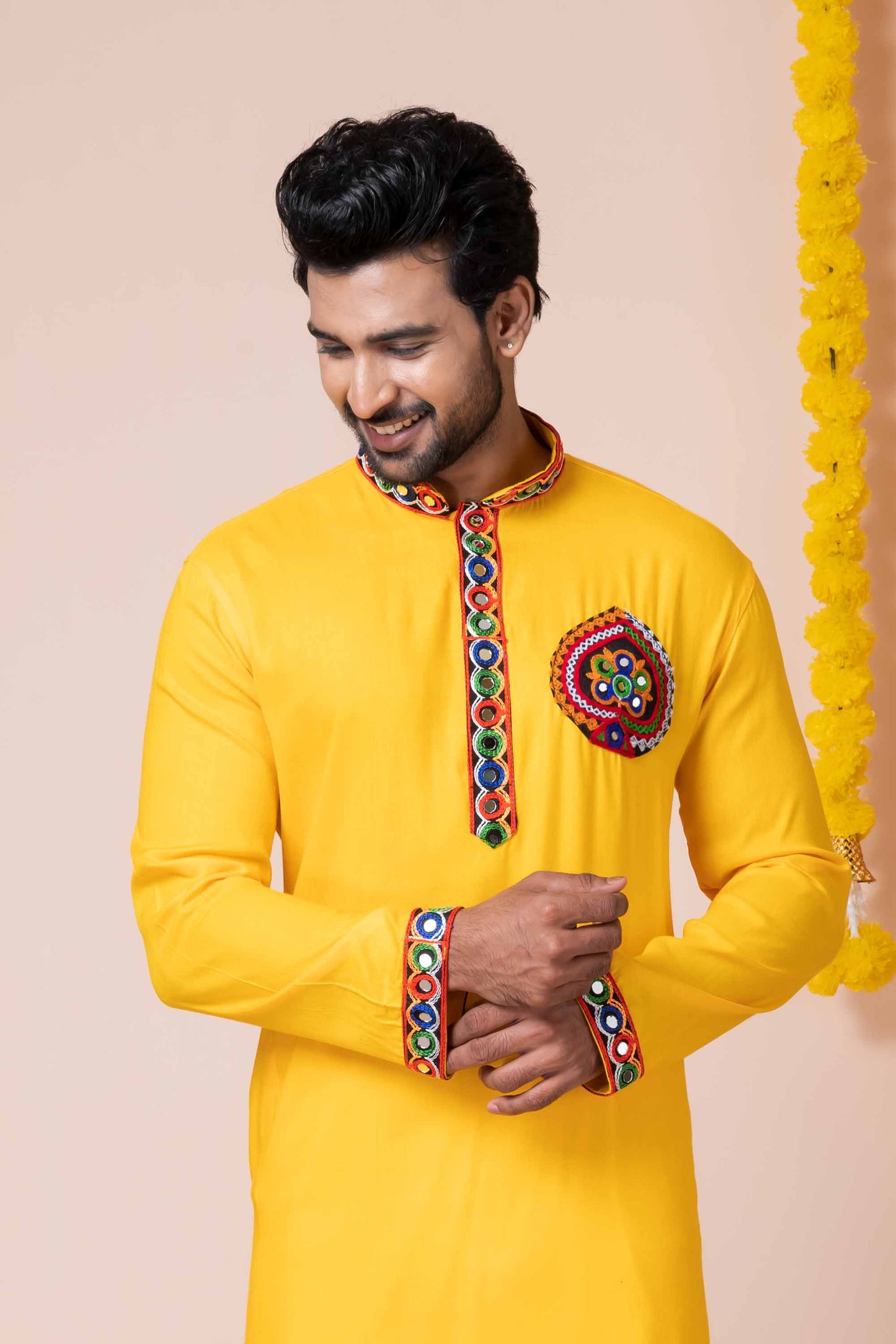 Yellow Rayon Kurta with Multicolor Mirror Embroidery for Navratri Festival