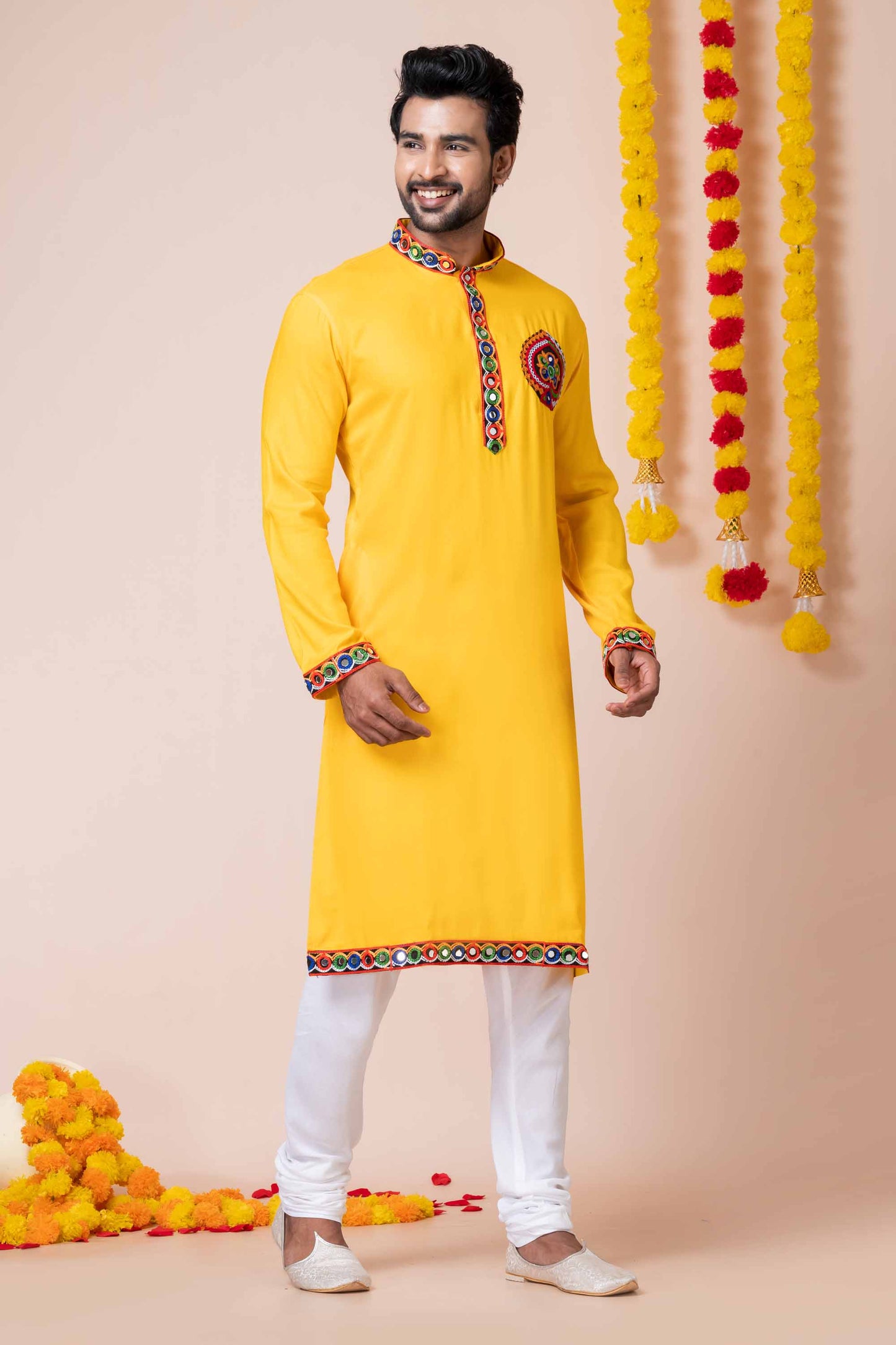 Yellow Rayon Kurta with Multicolor Mirror Embroidery for Navratri Festival