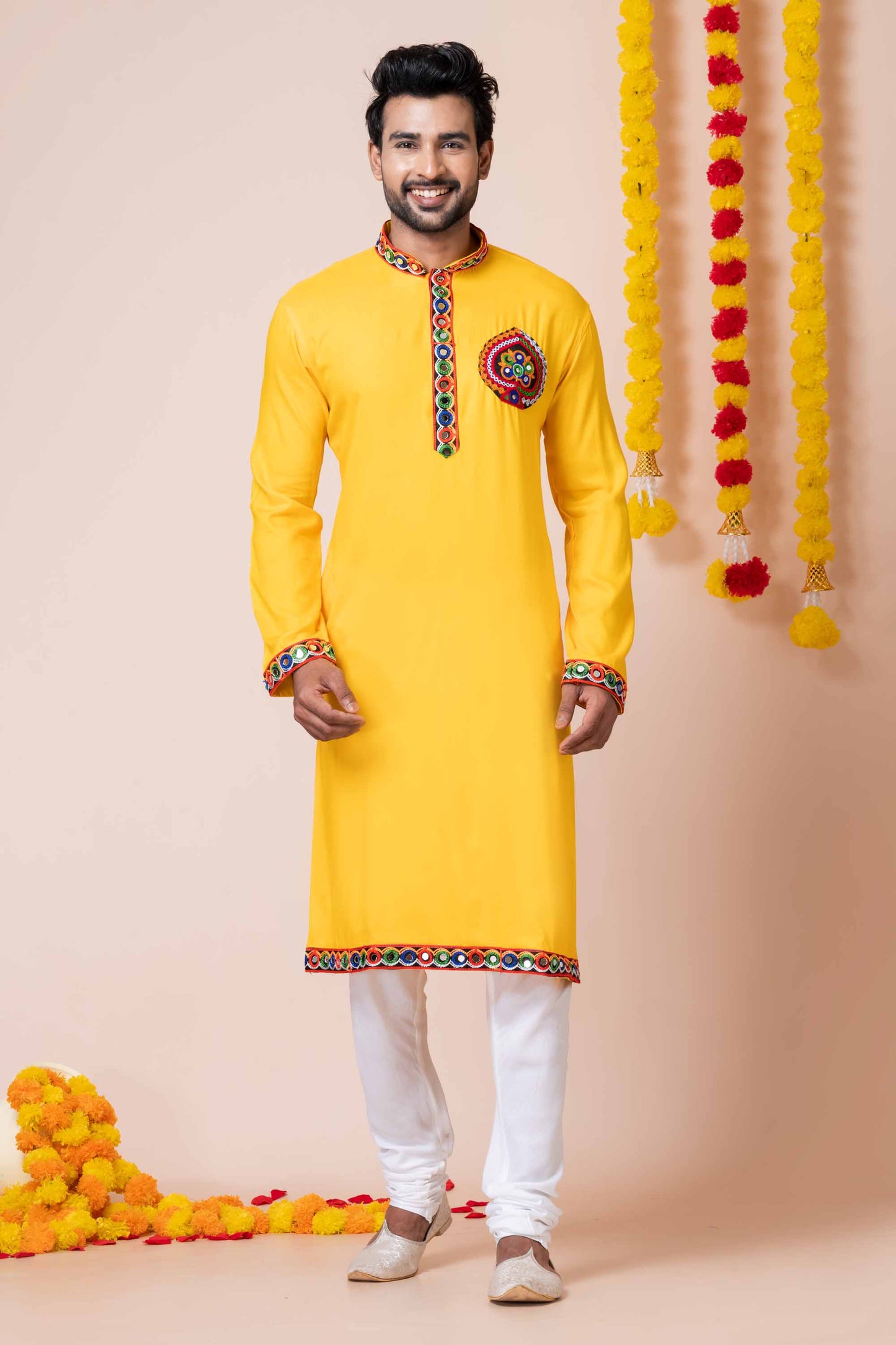Yellow Rayon Kurta with Multicolor Mirror Embroidery for Navratri Festival