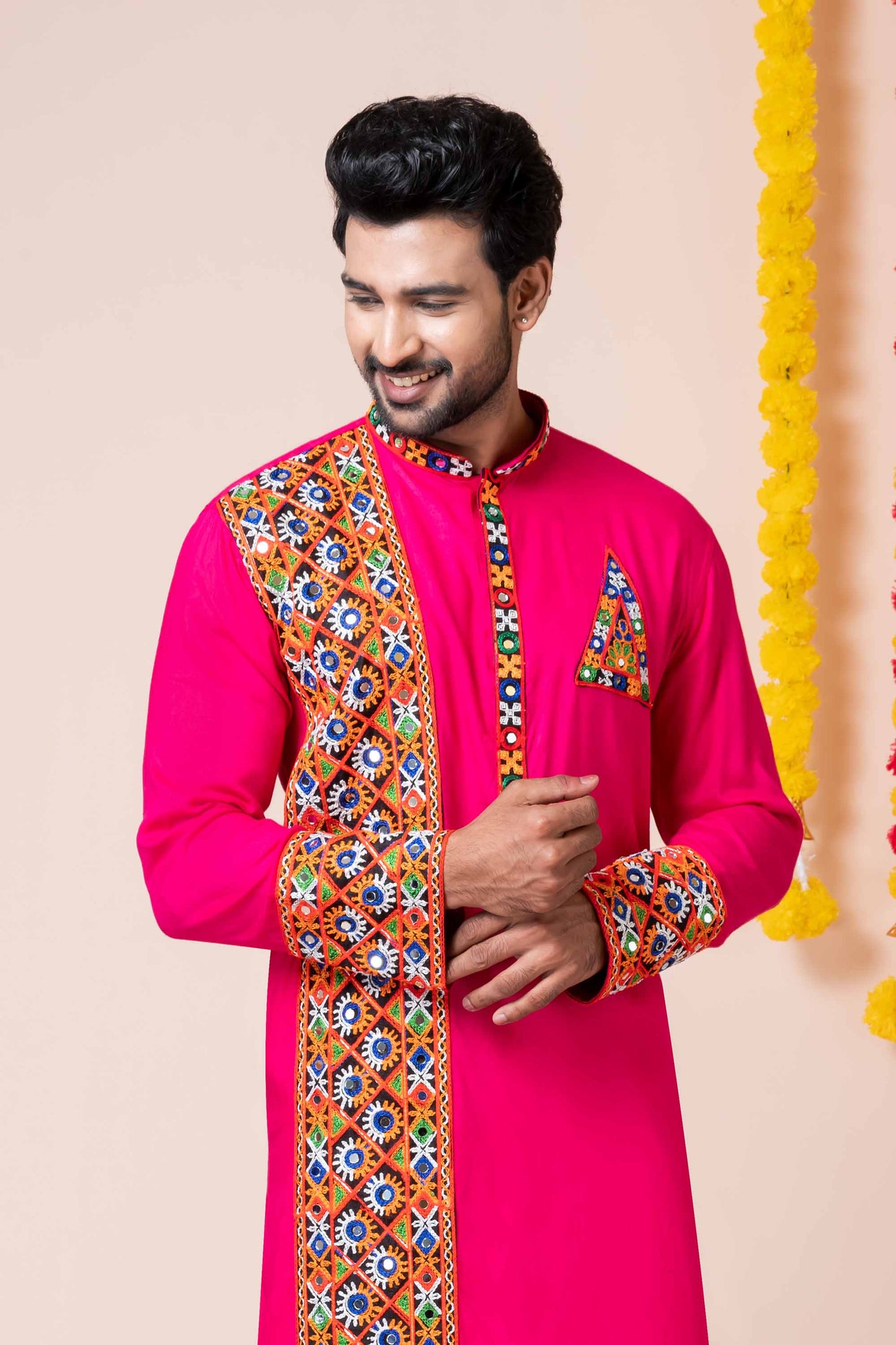 Hot Pink Rayon Kurta with Multicolor Mirror Embroidery for Navratri Festival