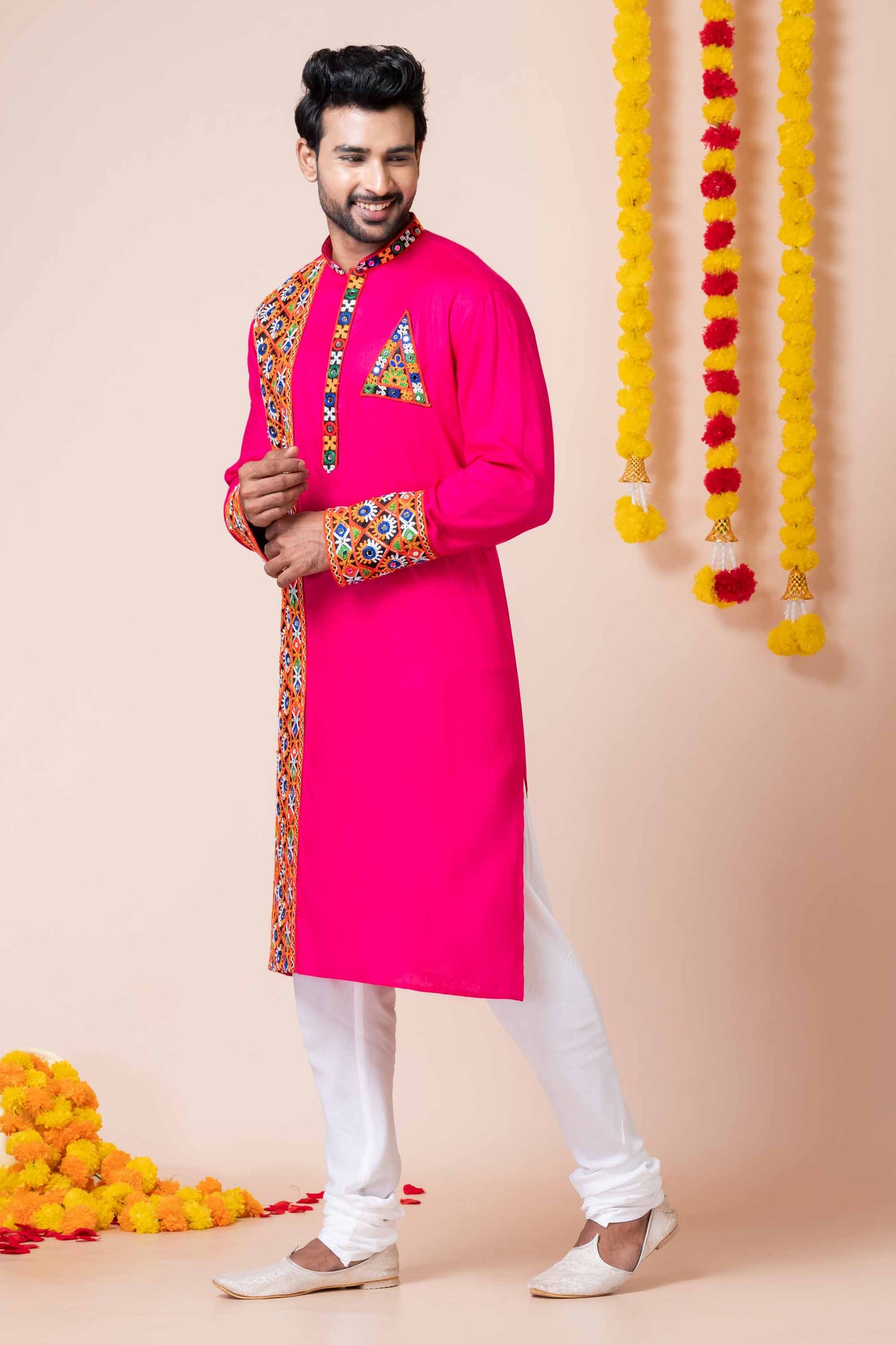 Hot Pink Rayon Kurta with Multicolor Mirror Embroidery for Navratri Festival