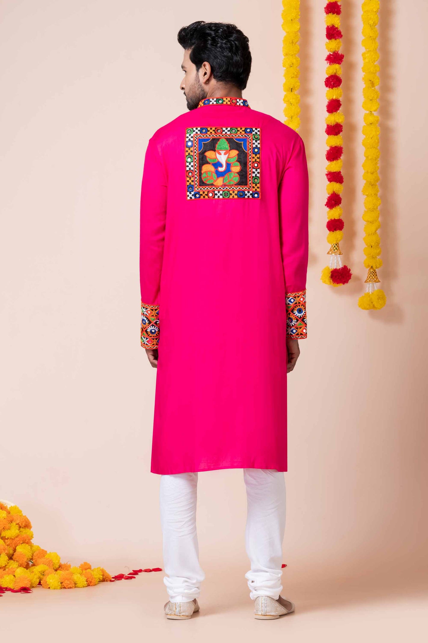 Hot Pink Rayon Kurta with Multicolor Mirror Embroidery for Navratri Festival