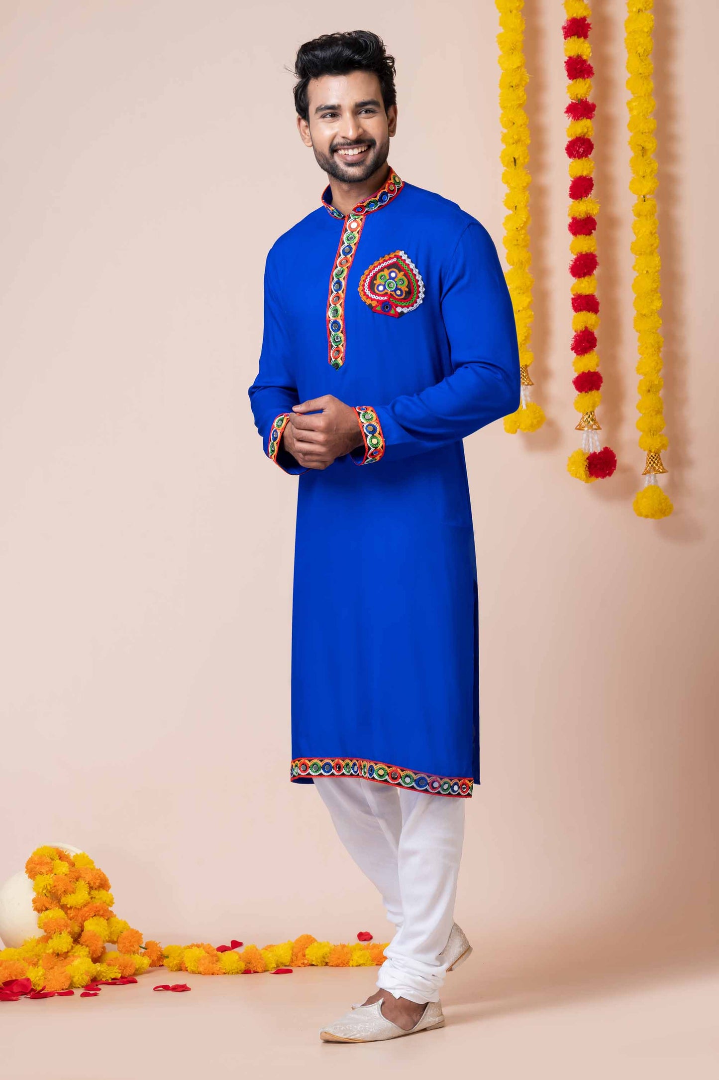 Royal Blue Rayon Kurta with Multicolor Mirror Embroidery for Navratri Festival