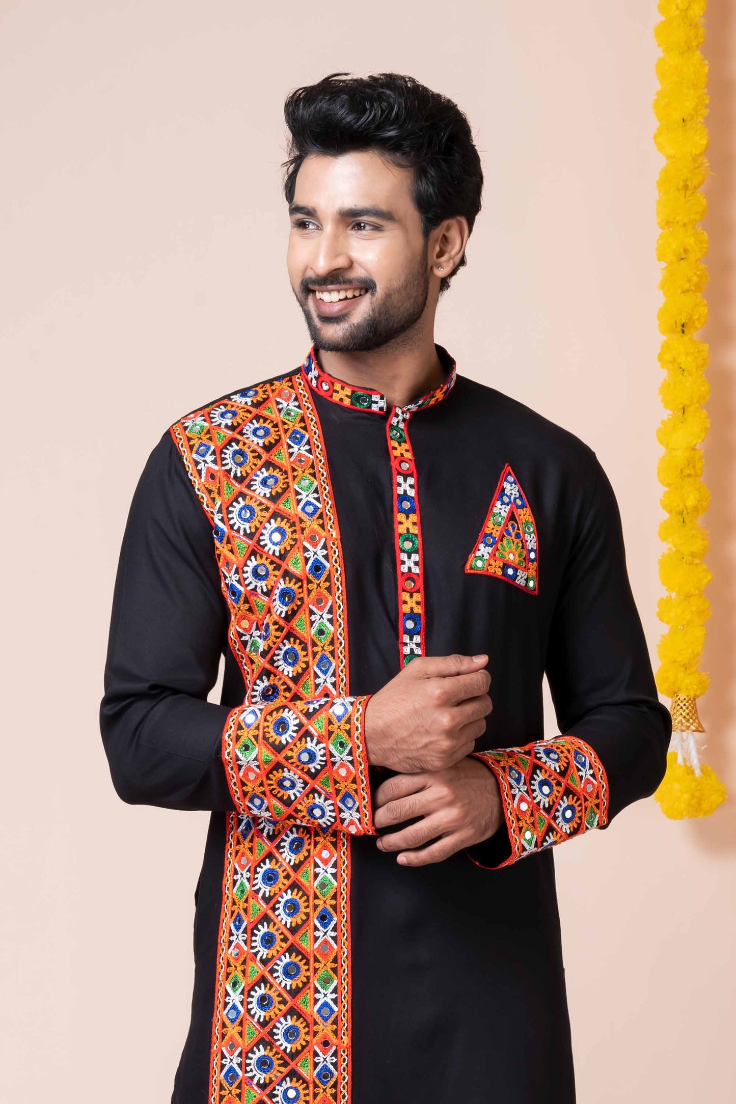 Black Rayon Kurta with Multicolor Mirror Embroidery for Navratri Festival