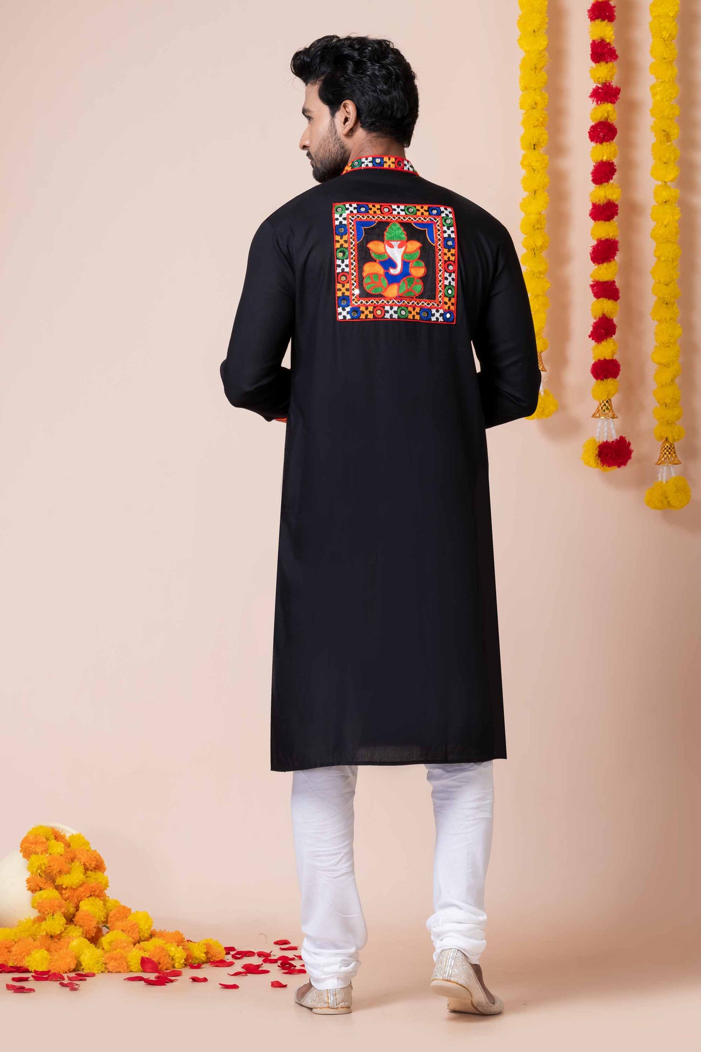 Black Rayon Kurta with Multicolor Mirror Embroidery for Navratri Festival