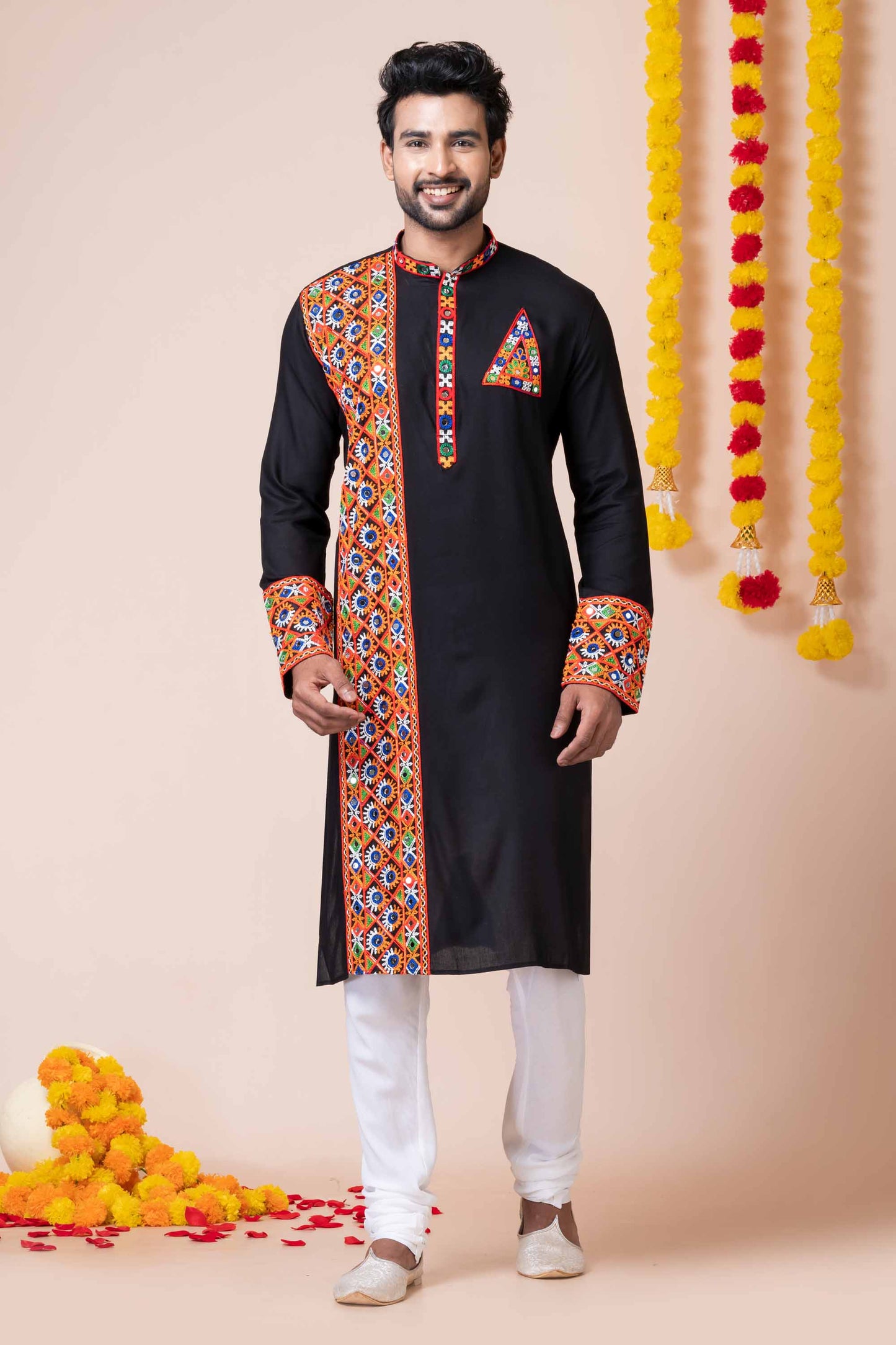 Black Rayon Kurta with Multicolor Mirror Embroidery for Navratri Festival