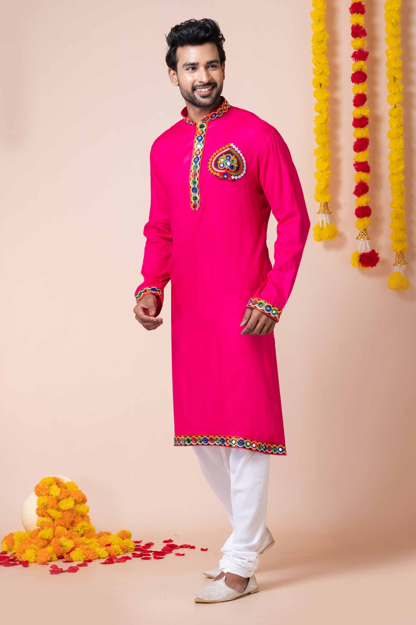 Lovely Pink Rayon Kurta Pajama Set with Multicolor Mirror Embroidery for Navratri