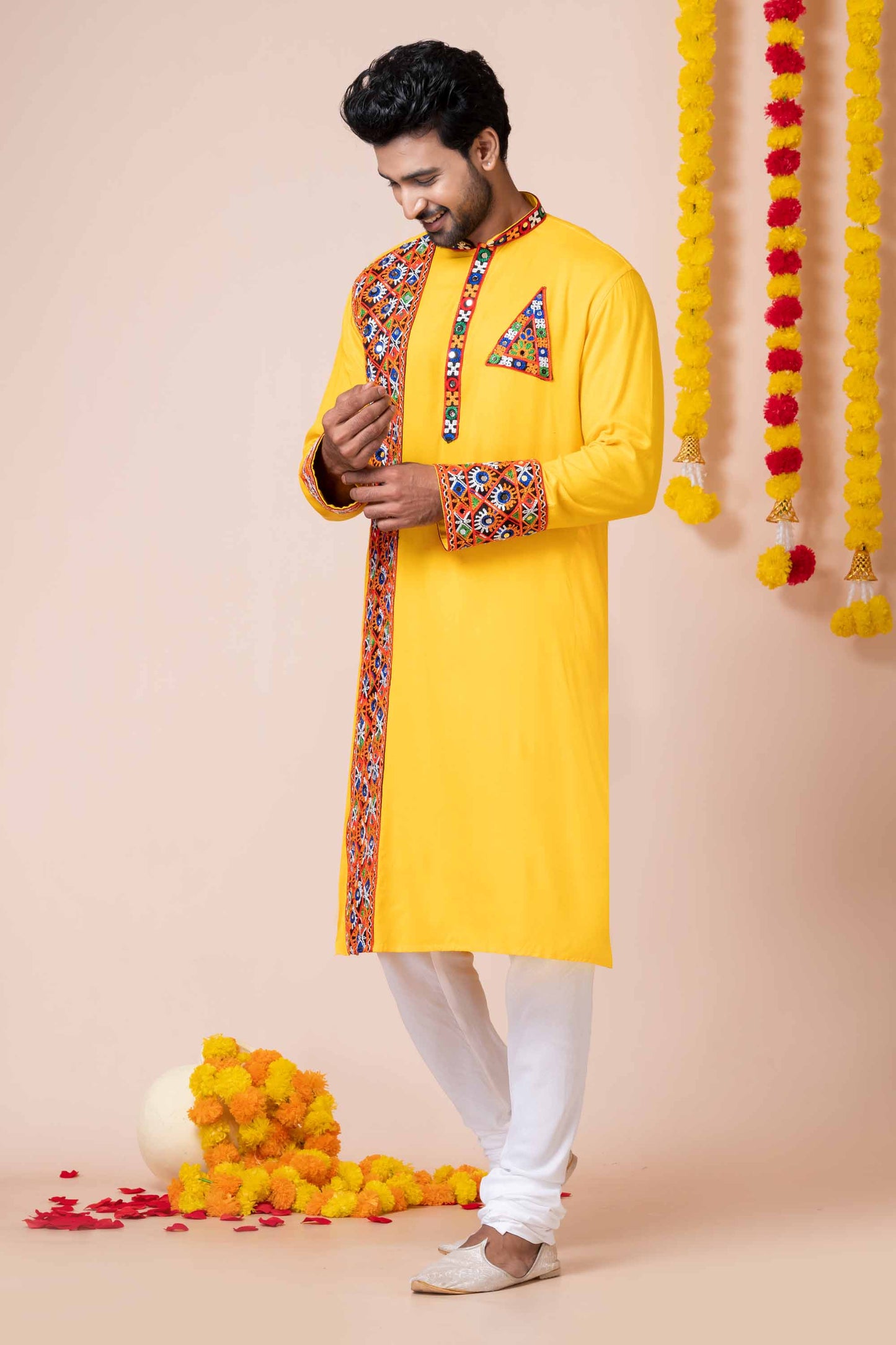 Stylish Yellow Rayon Kurta Pajama Set with Multicolor Mirror Embroidery for Navratri