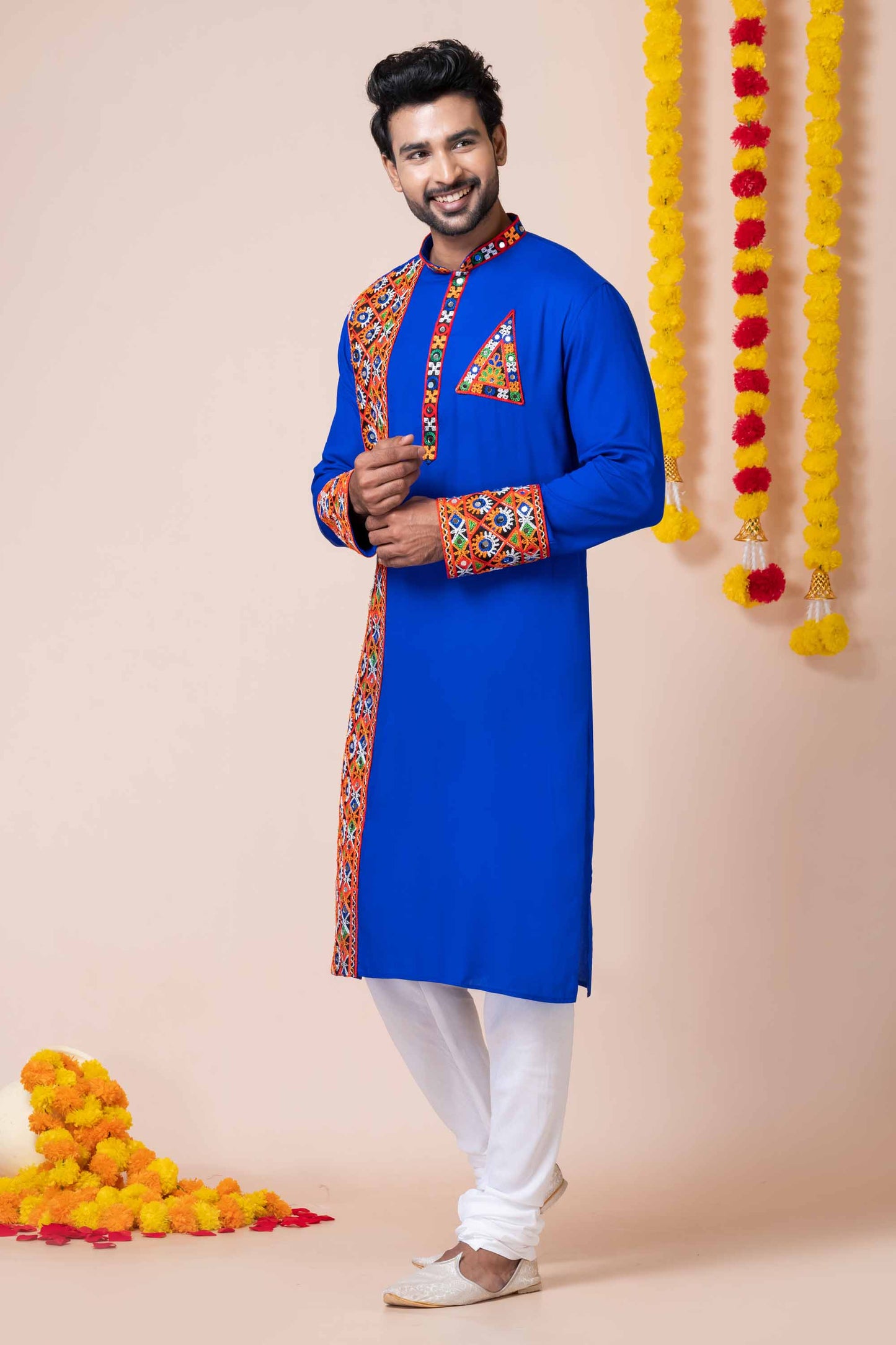 Latest Blue Embroidered Kurta Pajama Set for Men with Multicolor Mirror Work