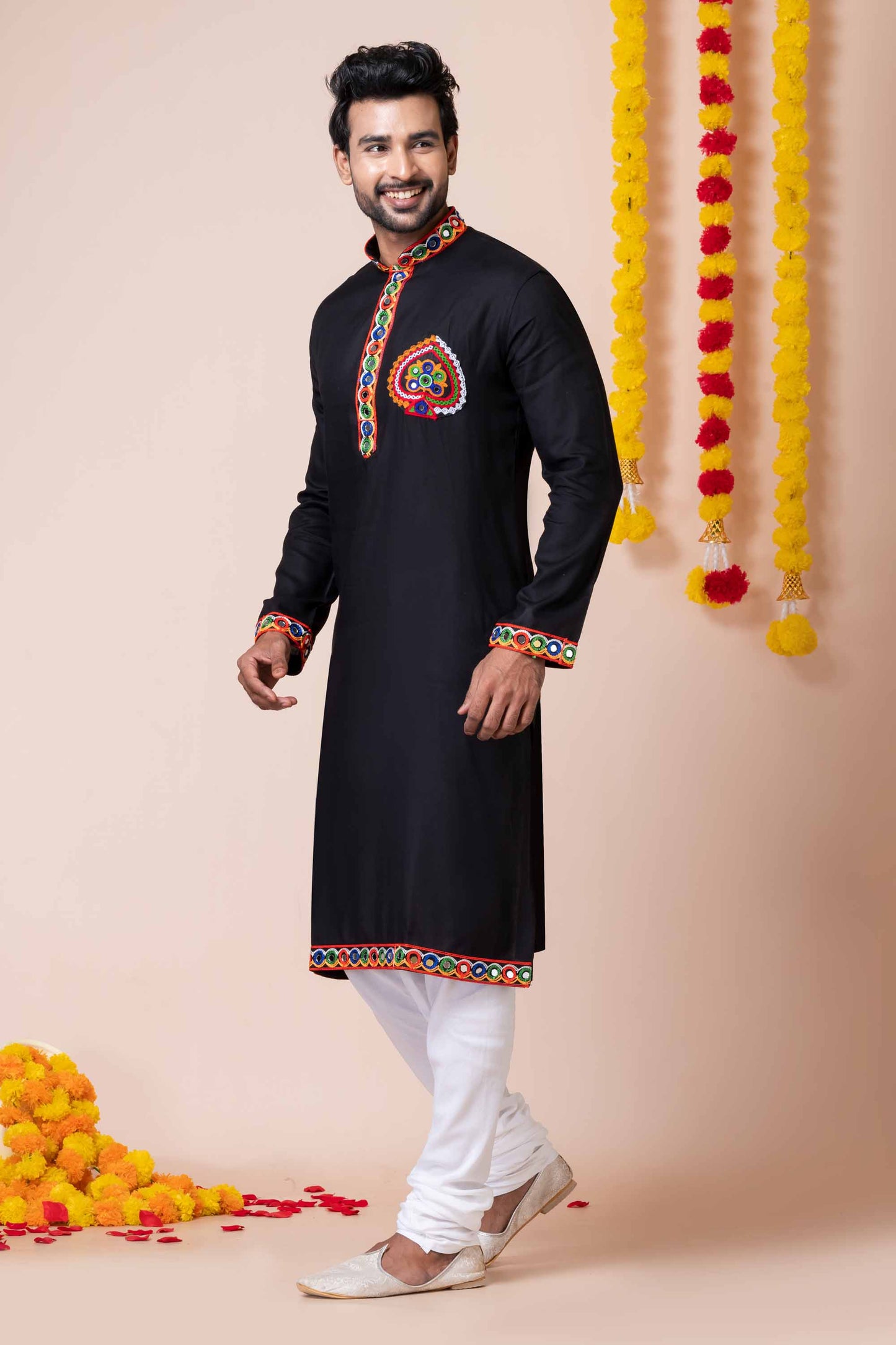 Trendy Black Rayon Kurta Pajama Set for Men with Multicolor Mirror Embroidery