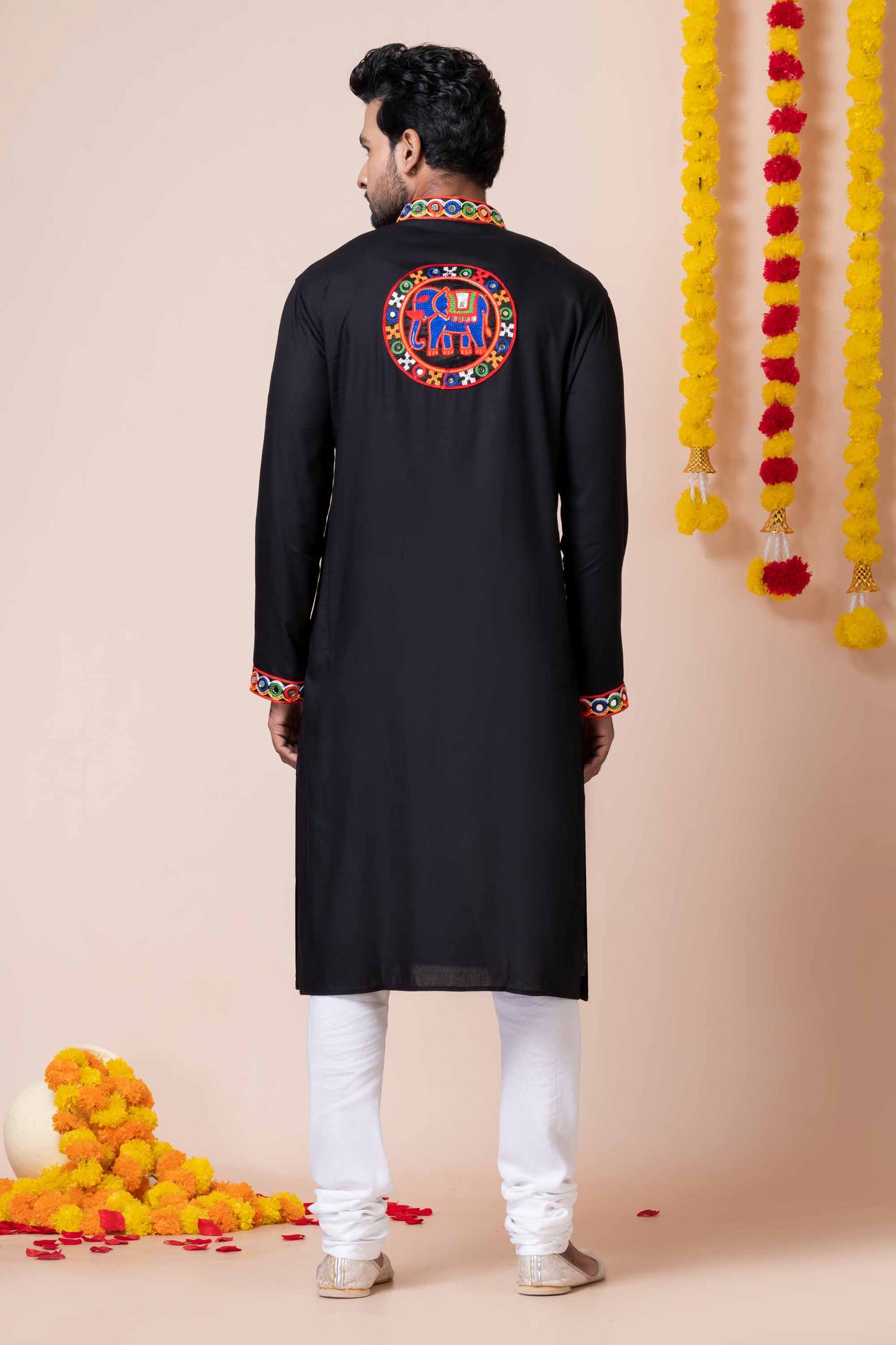 Trendy Black Rayon Kurta Pajama Set for Men with Multicolor Mirror Embroidery