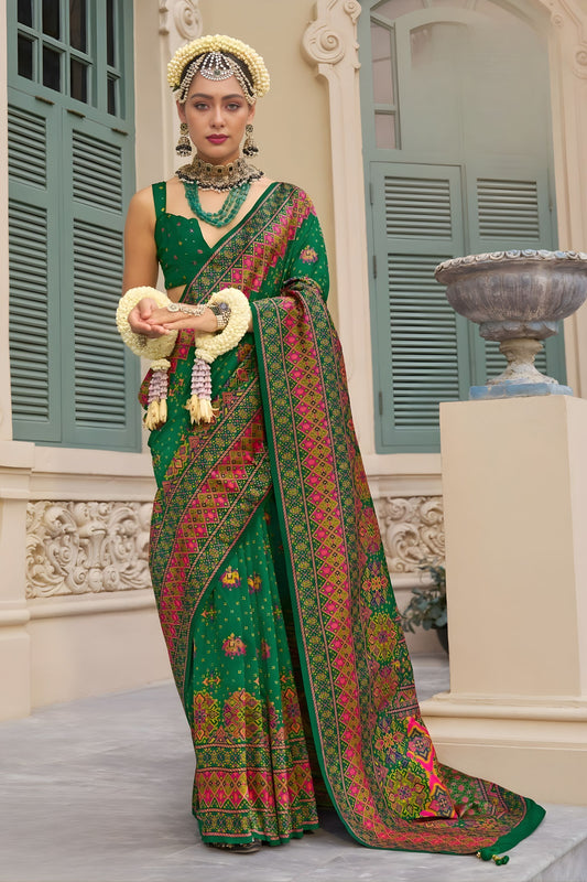 Beautiful Green Banarasi Meenakari Print Silk Saree for Wedding