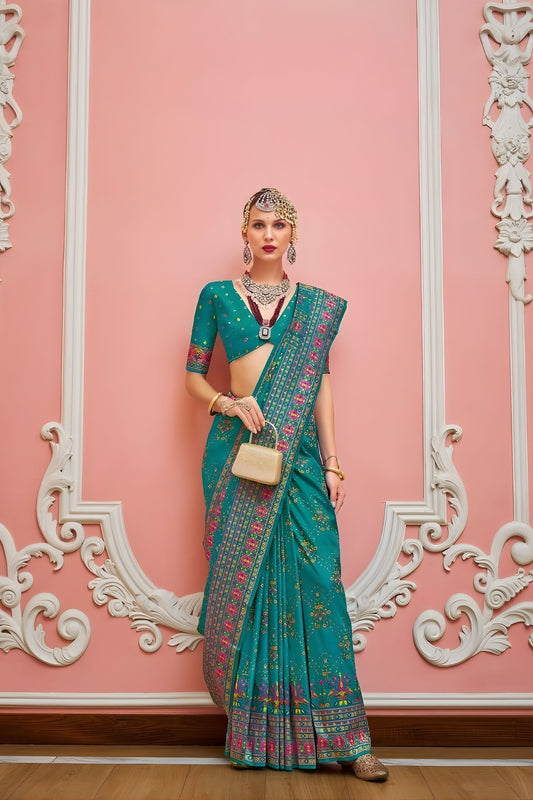 Elegant Teal Blue Banarasi Meenakari Print Silk Saree for Wedding