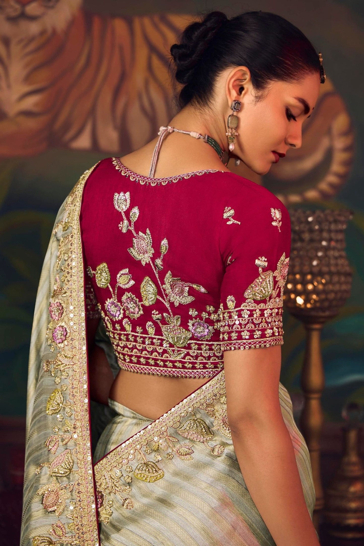 Sage Green Silk Saree and Contrast Maroon Blouse