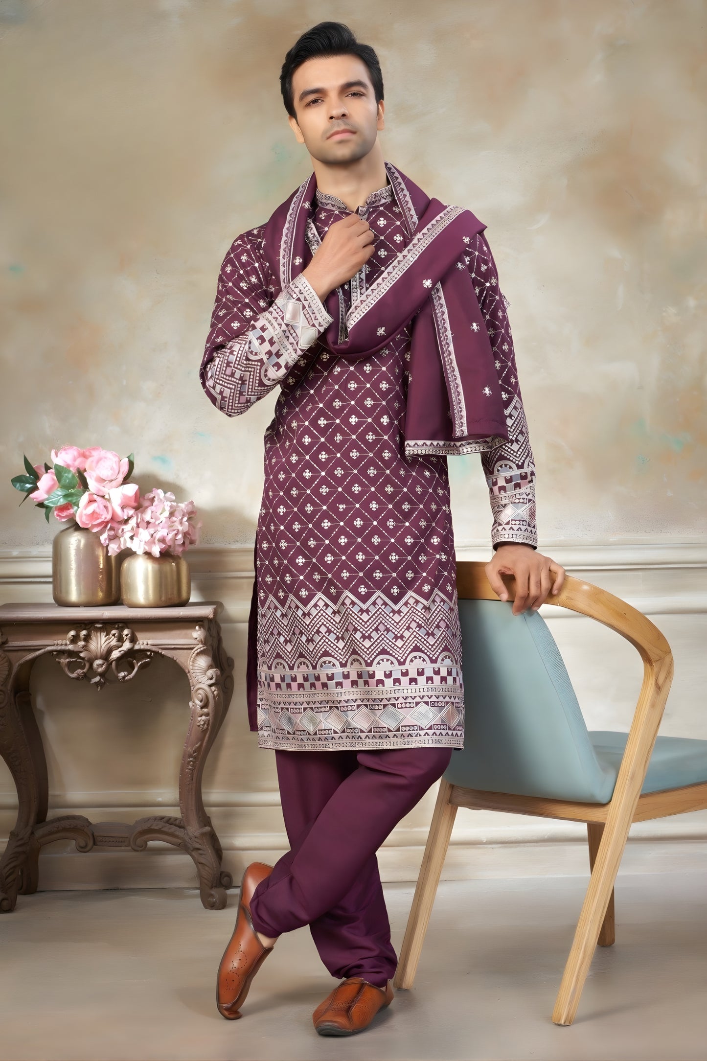 Royal Maroon Embroidered Pure Silk Kurta Pyjama Set with Dupatta for Wedding