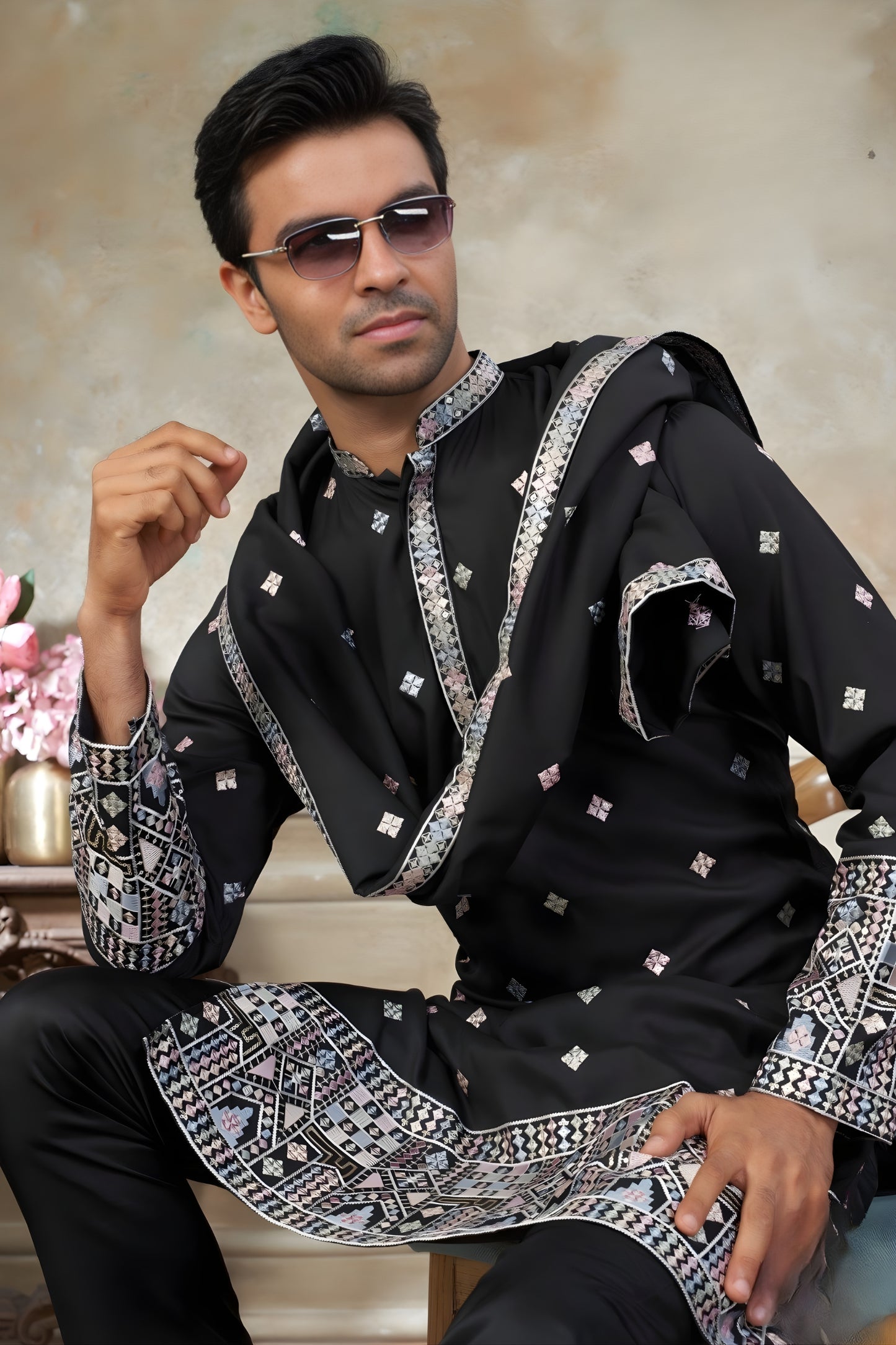 Awesome Black Embroidered Pure Silk Kurta Pyjama Set with Dupatta for Wedding