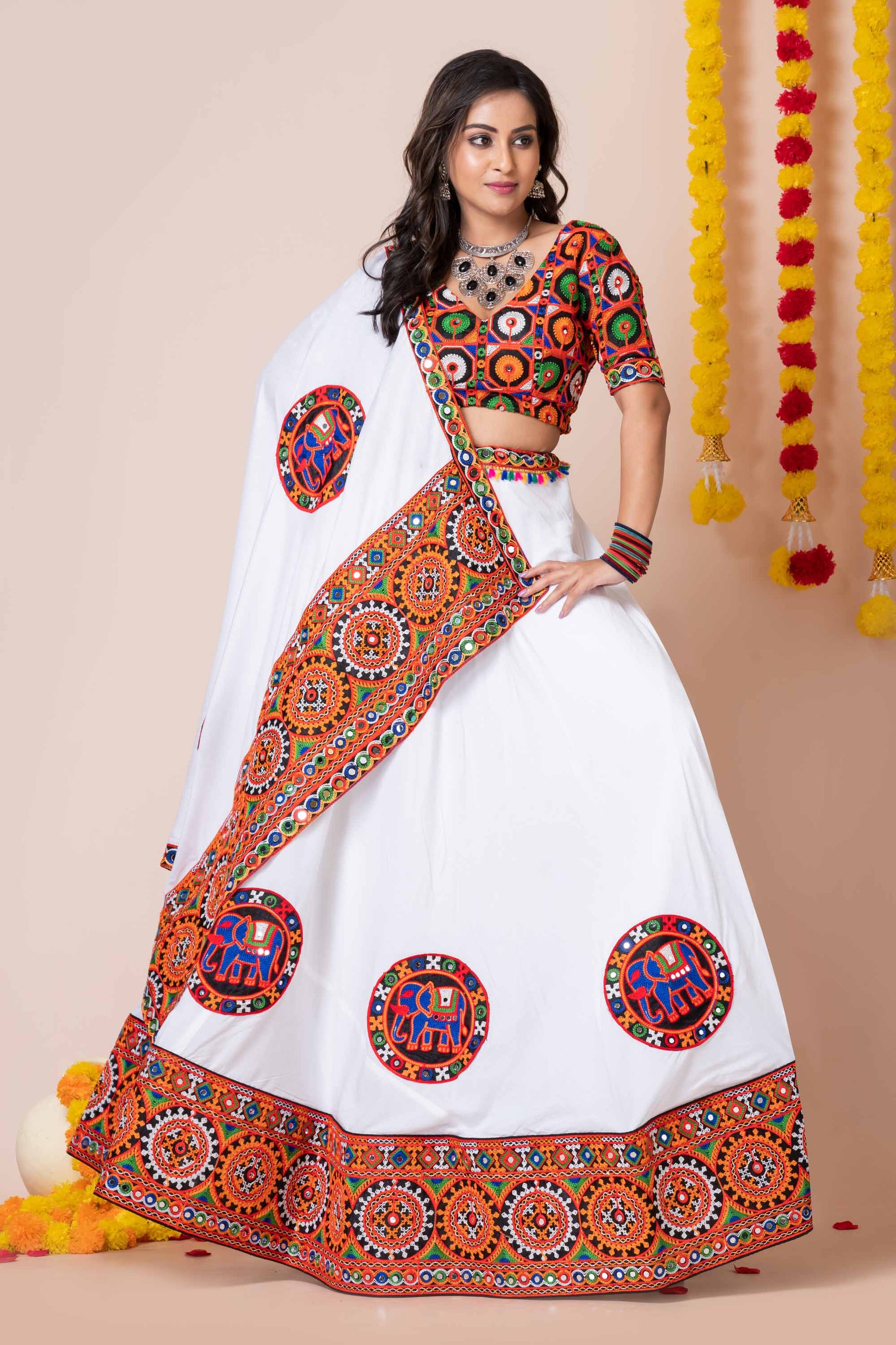 White Navratri Lehenga Choli with Multicolor Mirror and Thread Embroidery for Garba