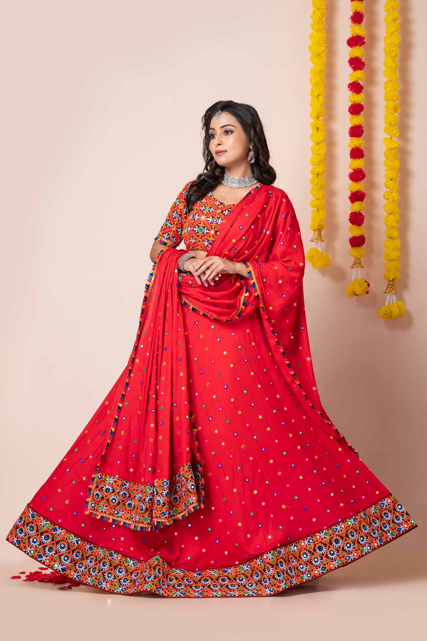 Red Navratri Lehenga Choli with Multicolor Mirror and Thread Embroidery for Garba