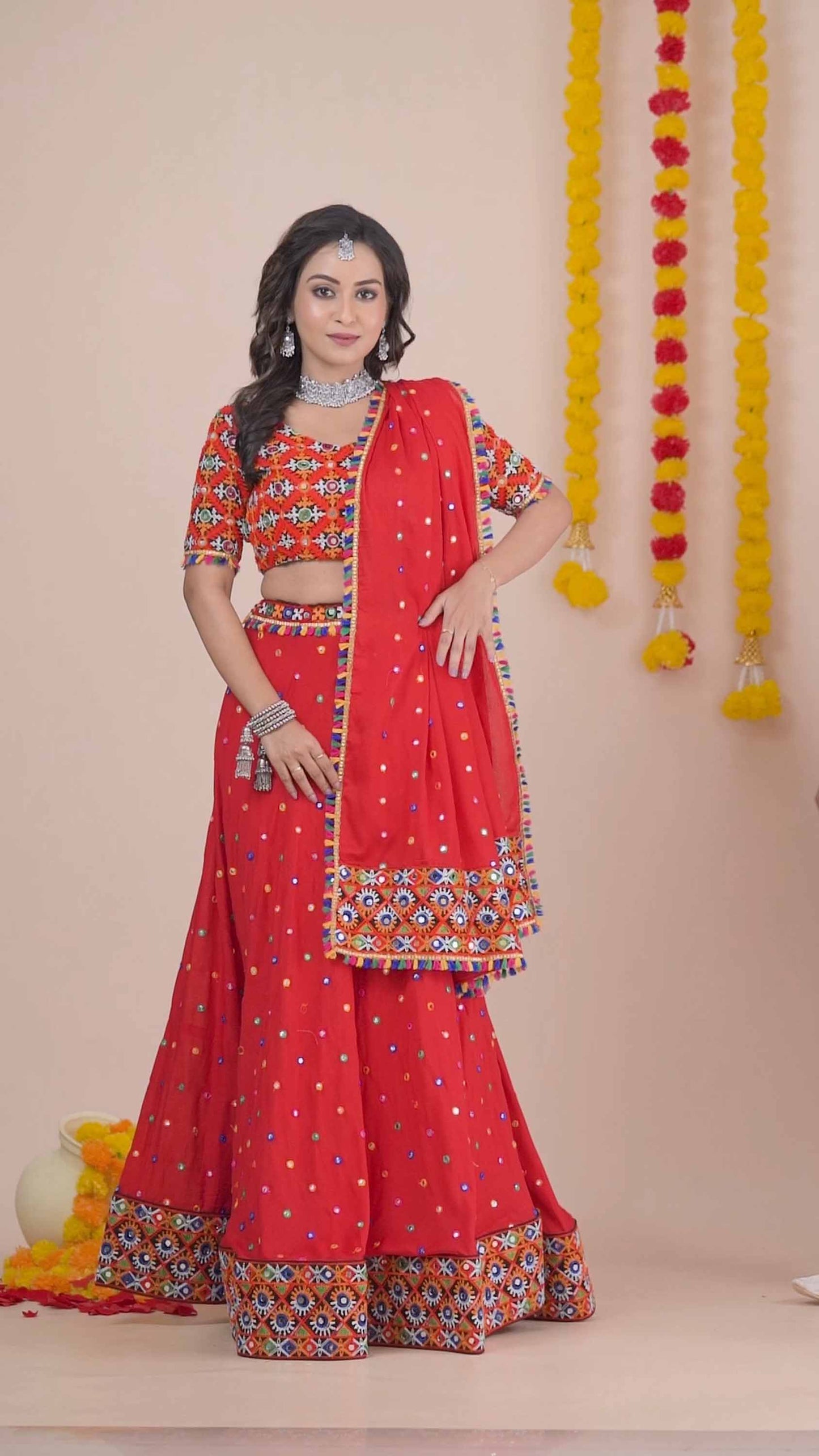 Red Navratri Lehenga Choli with Multicolor Mirror and Thread Embroidery for Garba