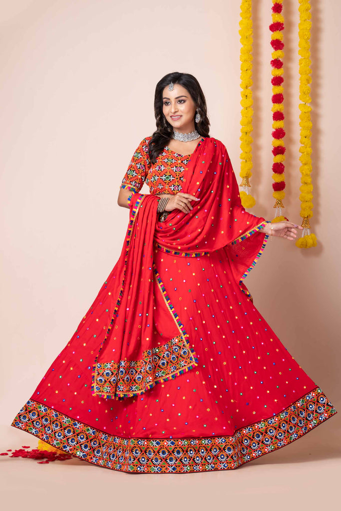 Red Navratri Lehenga Choli with Multicolor Mirror and Thread Embroidery for Garba