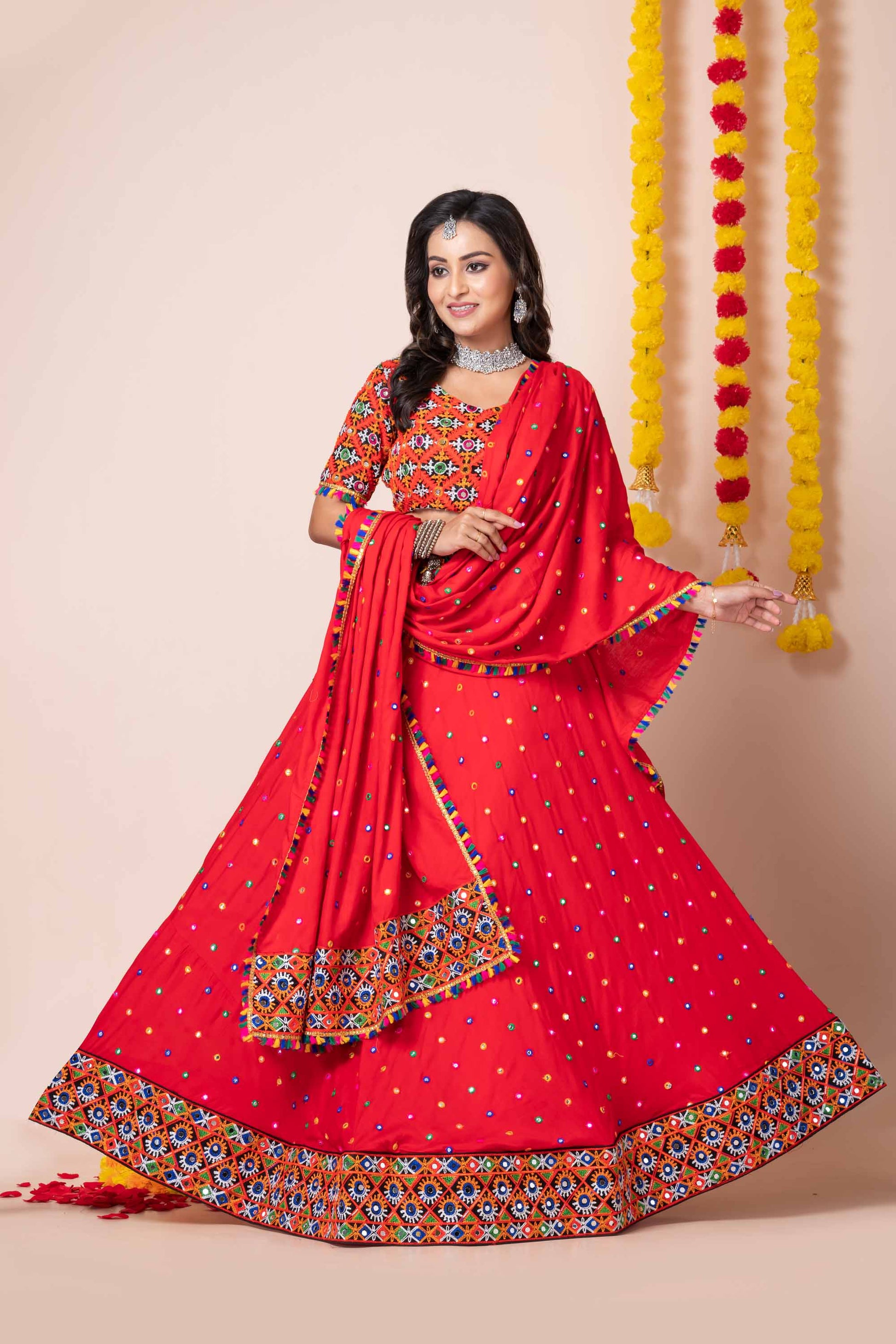 Red Navratri Lehenga Choli with Multicolor Mirror and Thread Embroidery for Garba
