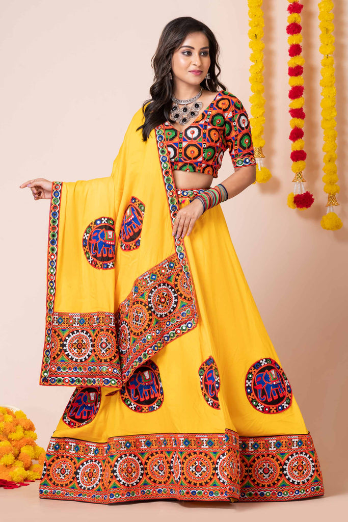 Yellow Navratri Lehenga Choli with Multicolor Mirror and Elephant Embroidery for Garba