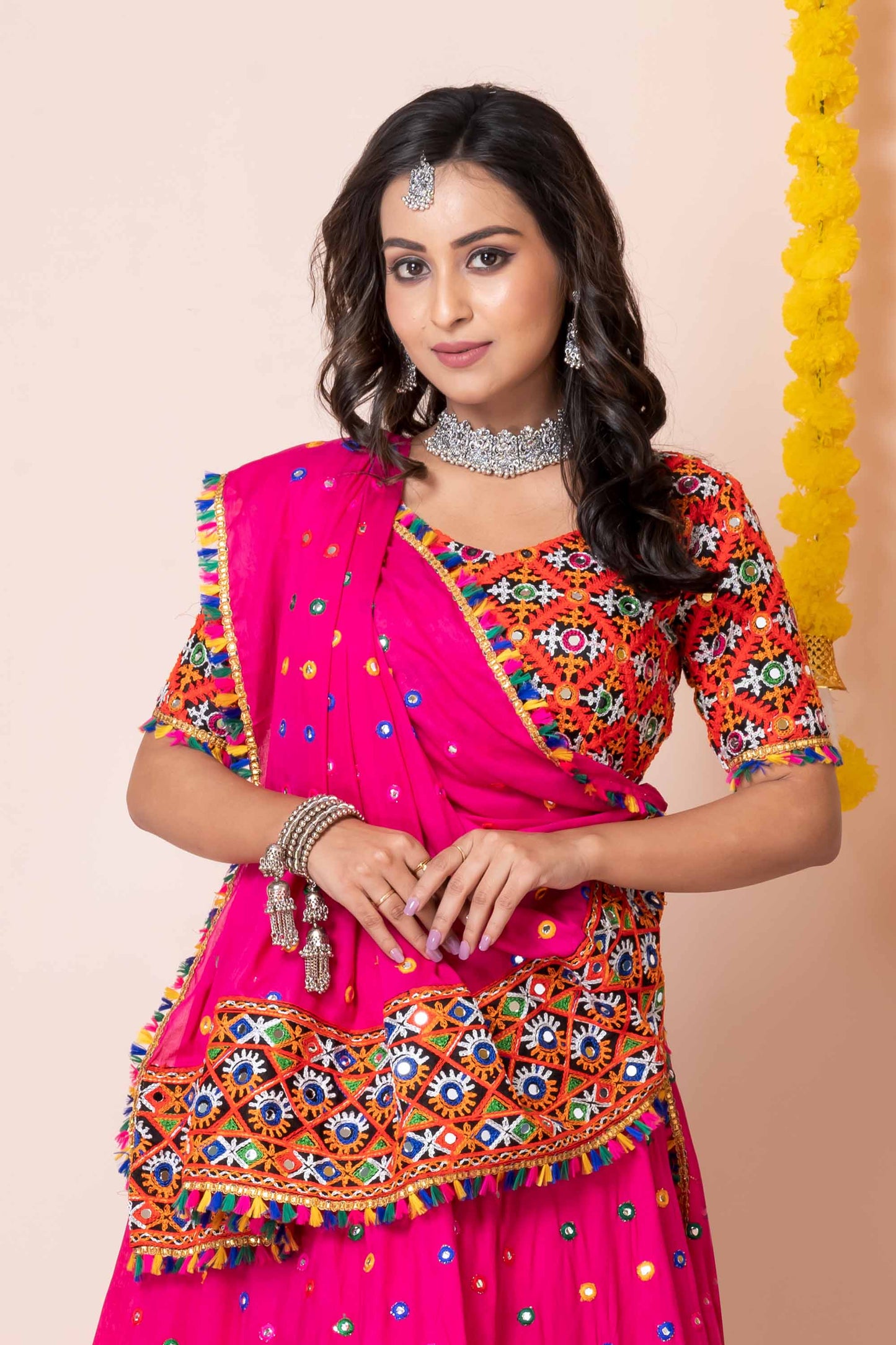 Hot Pink Navratri Lehenga Choli with Multicolor Mirror and Thread Embroidery for Garba