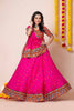 Hot Pink Navratri Lehenga Choli with Multicolor Mirror and Thread Embroidery for Garba
