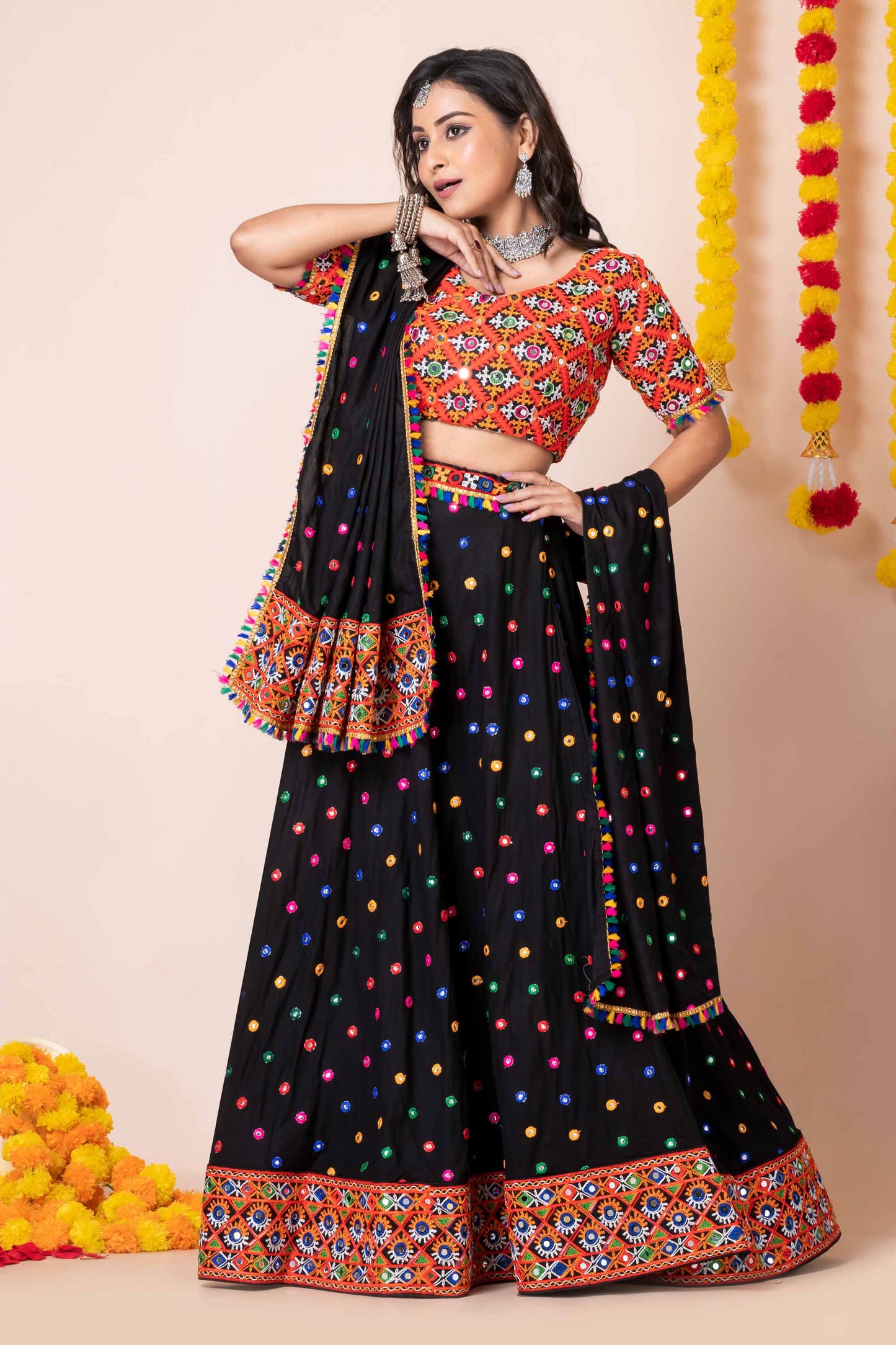 Black Lehenga Choli with Multicolor Mirror Embroidery and Traditional Dupatta