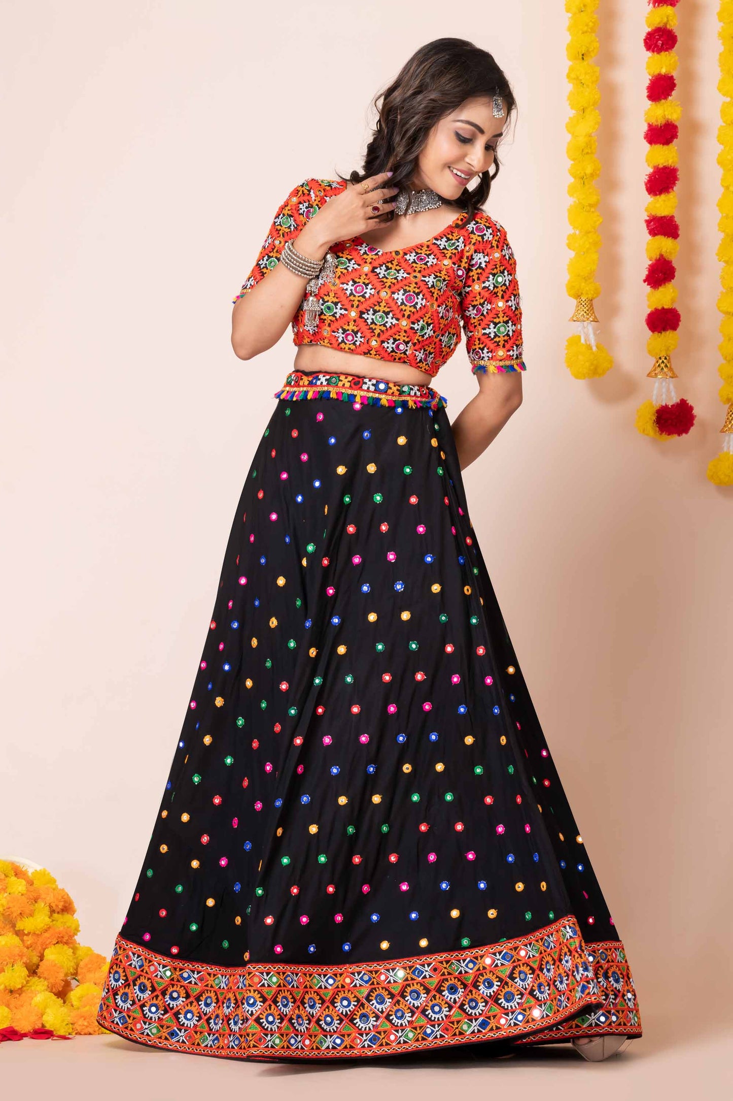 Black Lehenga Choli with Multicolor Mirror Embroidery and Traditional Dupatta
