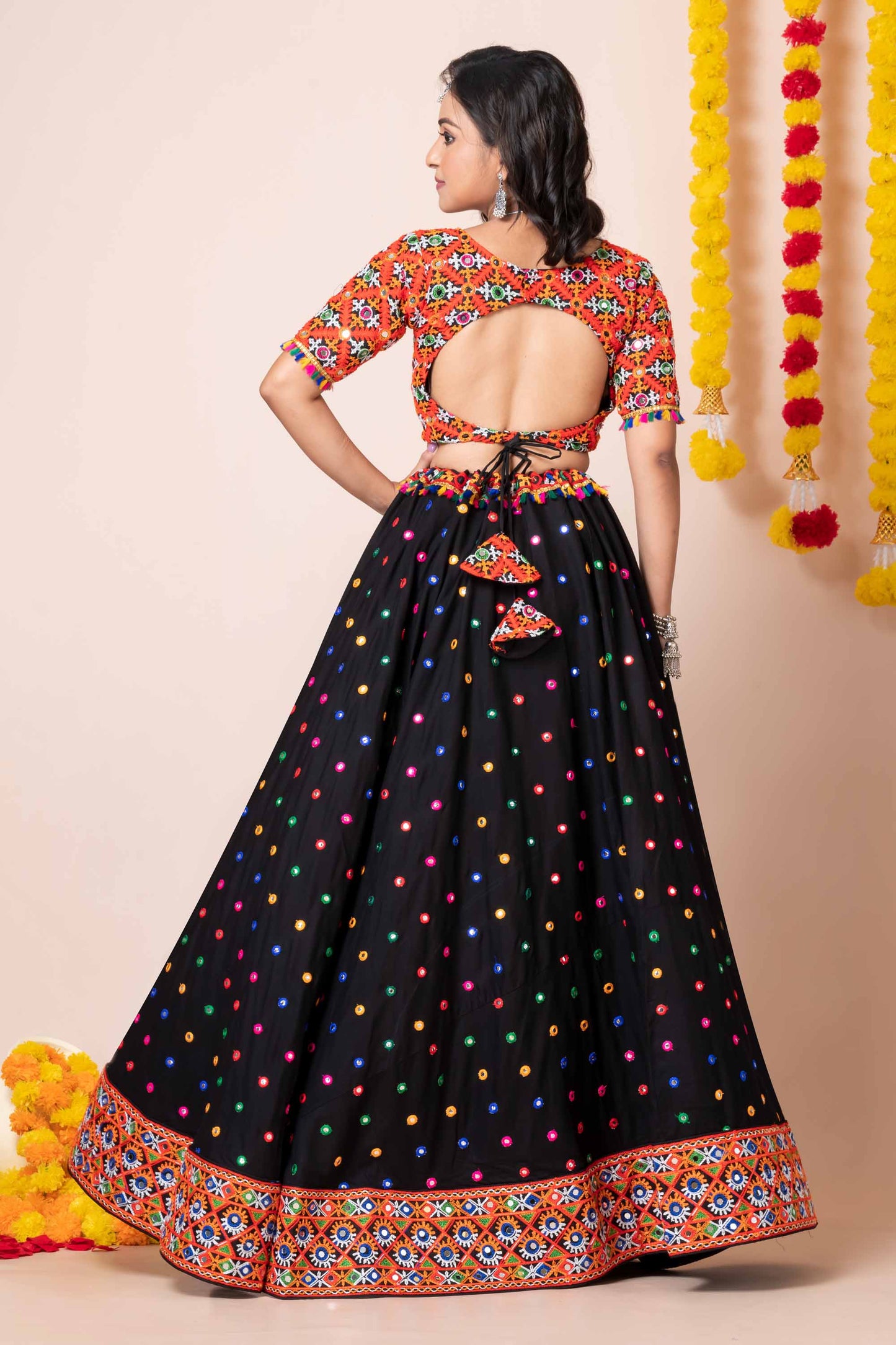 Black Lehenga Choli with Multicolor Mirror Embroidery and Traditional Dupatta