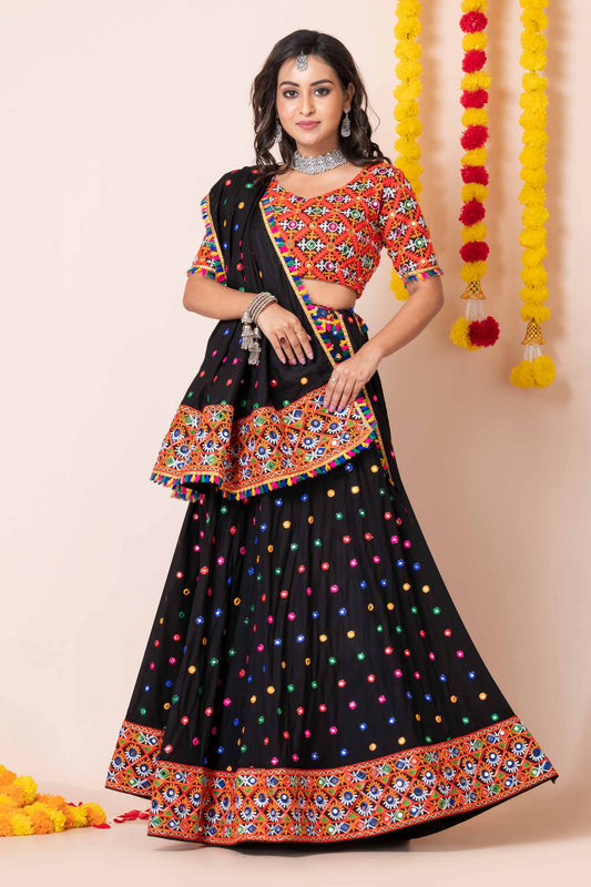 Black Lehenga Choli with Multicolor Mirror Embroidery and Traditional Dupatta